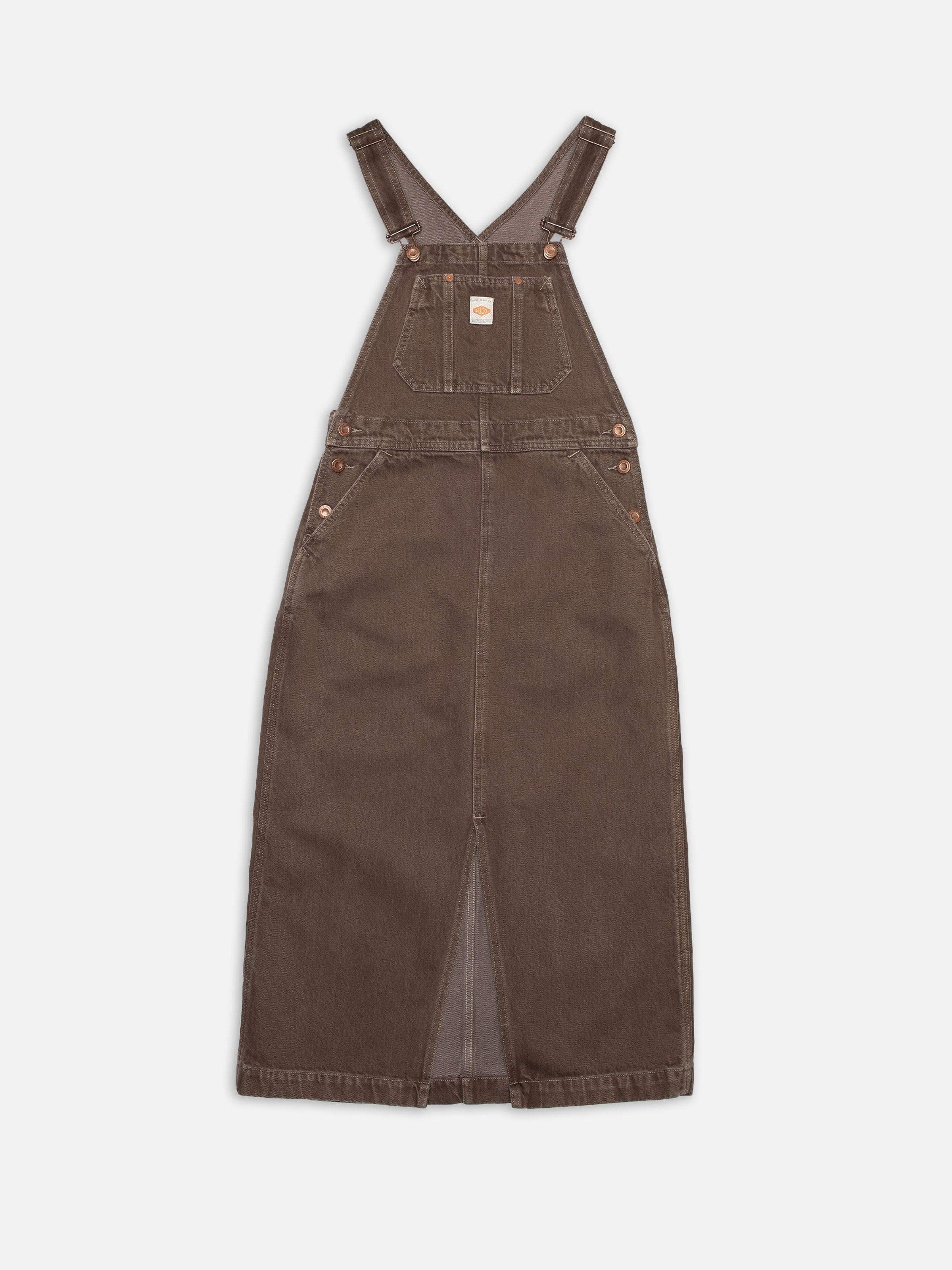 Nudie Jeans Inger Dungarees Dress Espresso, a women's dungaree dress in espresso brown rigid denim, shown laid flat.