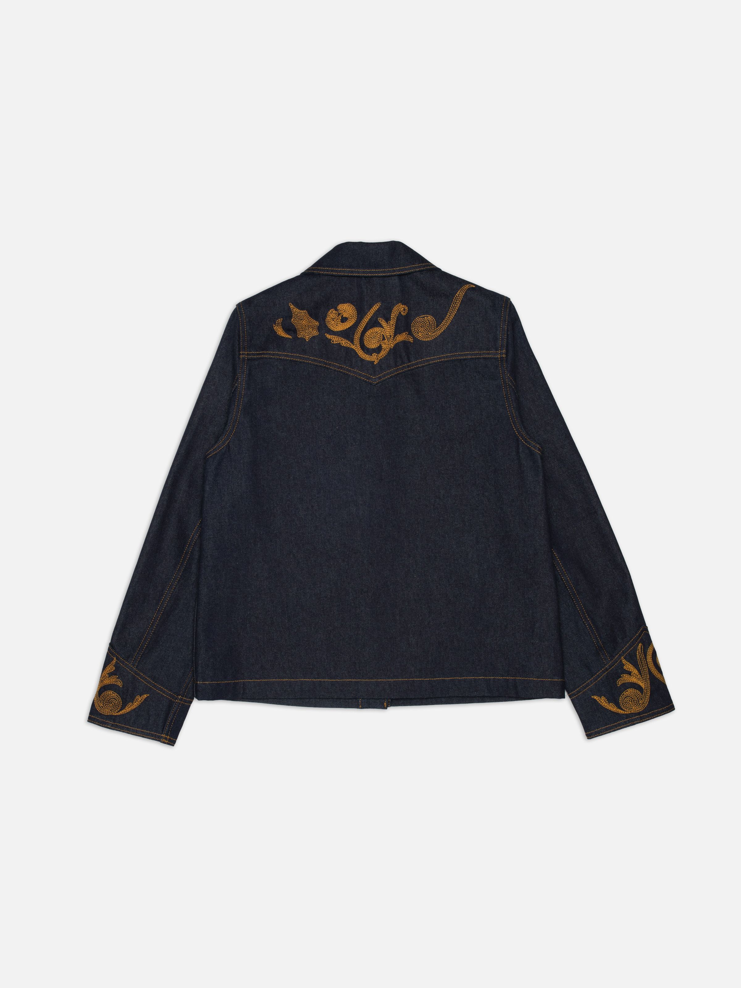 Nudie Jeans Kelly Western Jacket in Embroidery Blue, a women's regular fit denim jacket, shown from the back laid flat.
