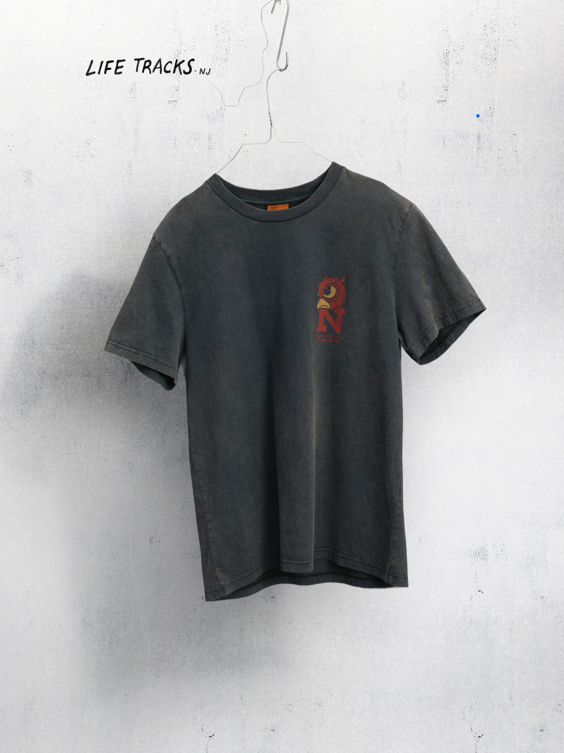 Nudie Jeans Roy Night Tracks T-Shirt, a men's regular fit t-shirt in Antracite, shown laid flat.