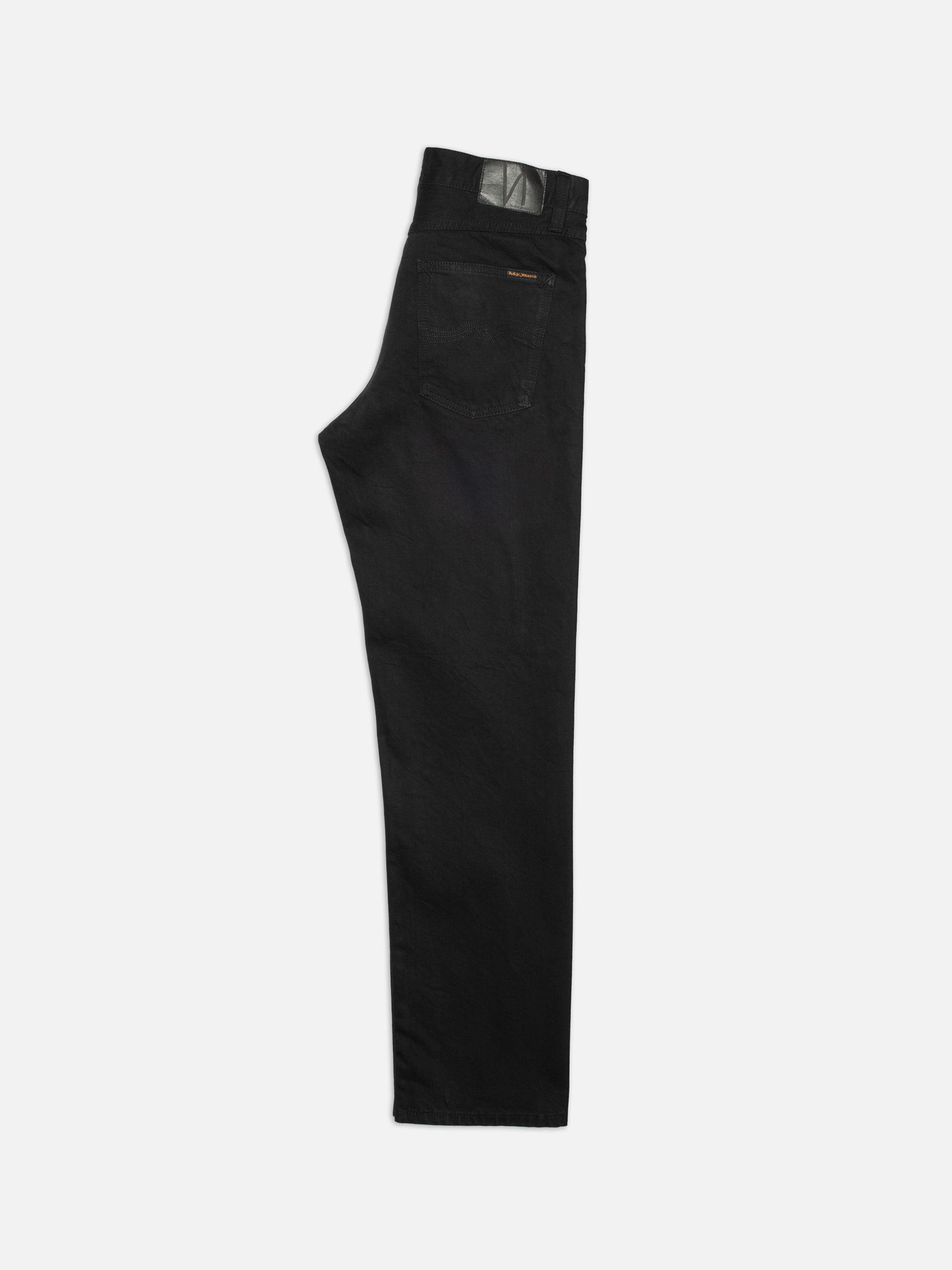 Nudie Jeans Rad Rufus Black Water, a pair of men's regular fit jeans in rigid black denim, shown laid flat and folded.