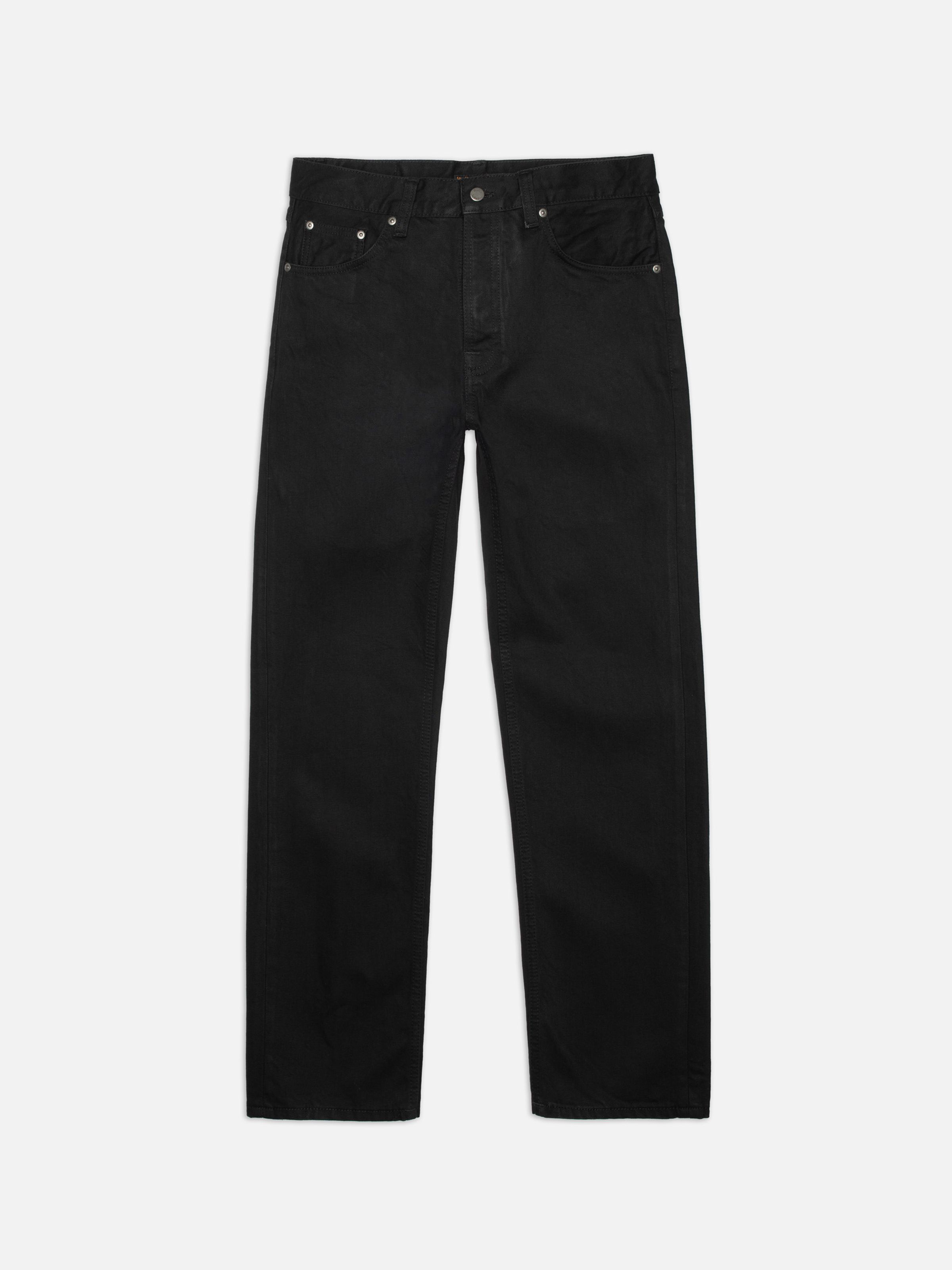 Nudie Jeans Rad Rufus Black Water, a pair of men's regular straight fit jeans in black rigid denim, shown laid flat.