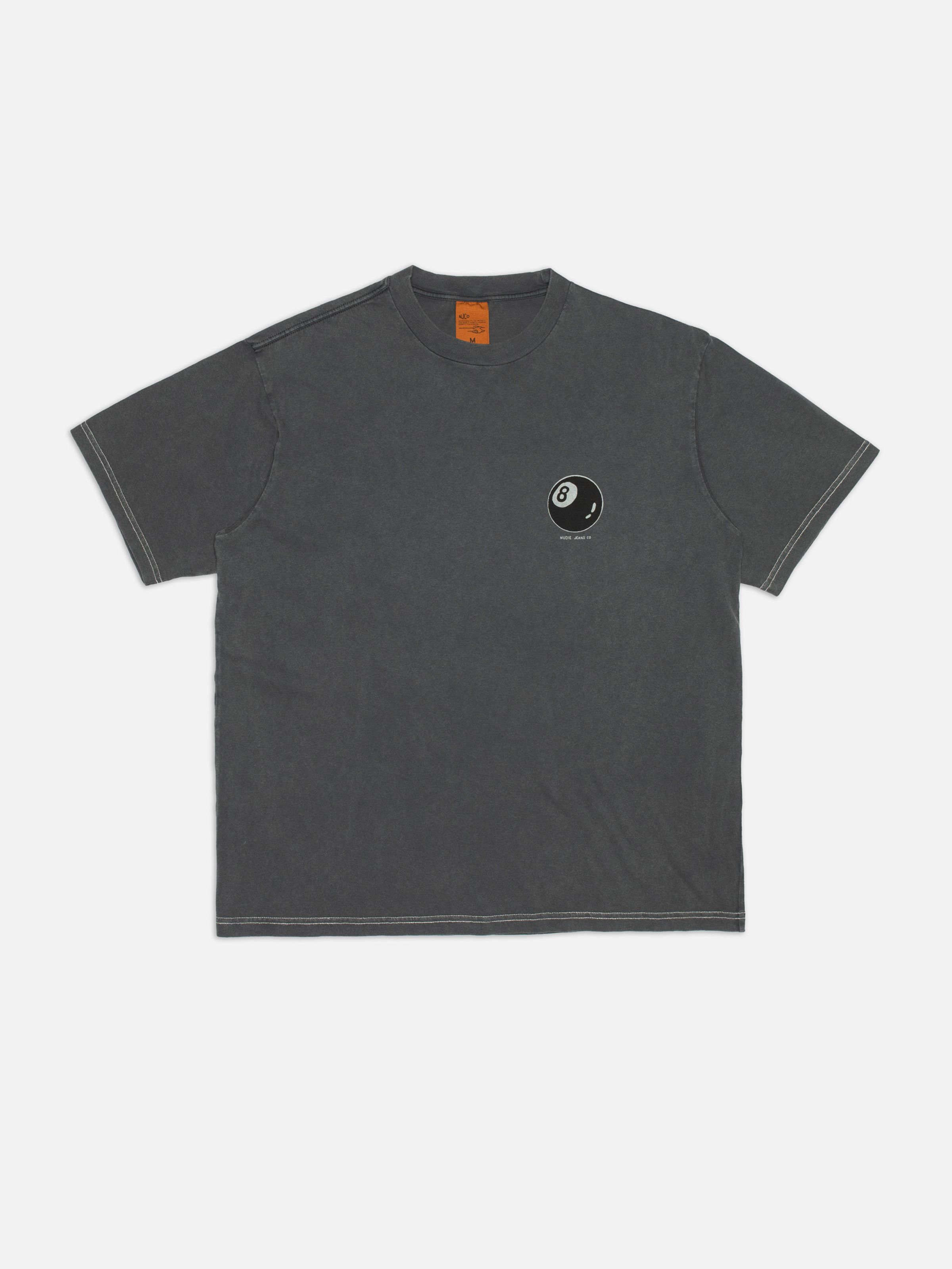 Nudie Jeans Koffe Knock-Topus T-Shirt, men's relaxed fit t-shirt in Antracite, shown as a flat shot from the front.