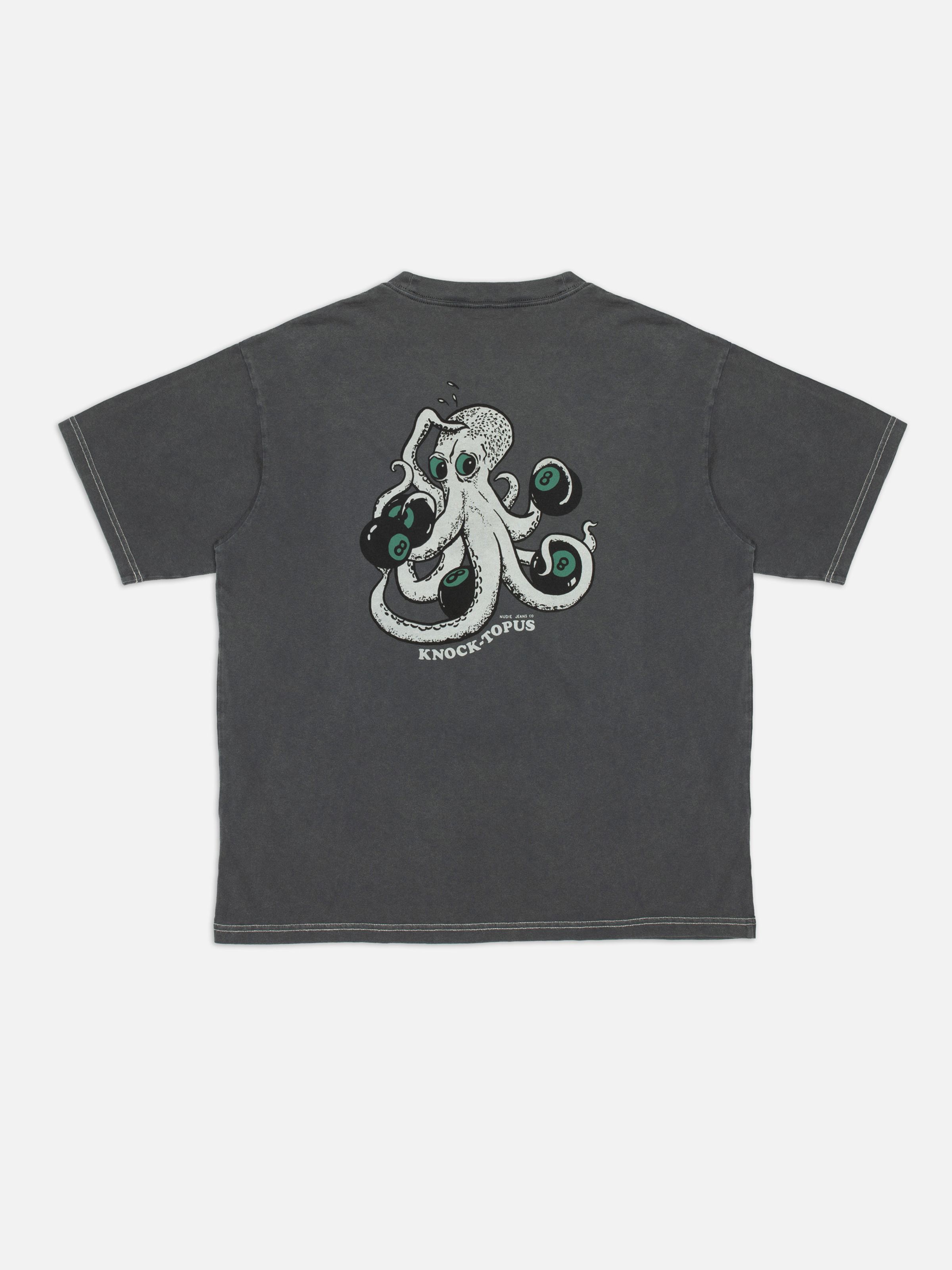 Nudie Jeans Koffe Knock-Topus T-Shirt in Antracite, laid flat showing the large octopus print on the back.
