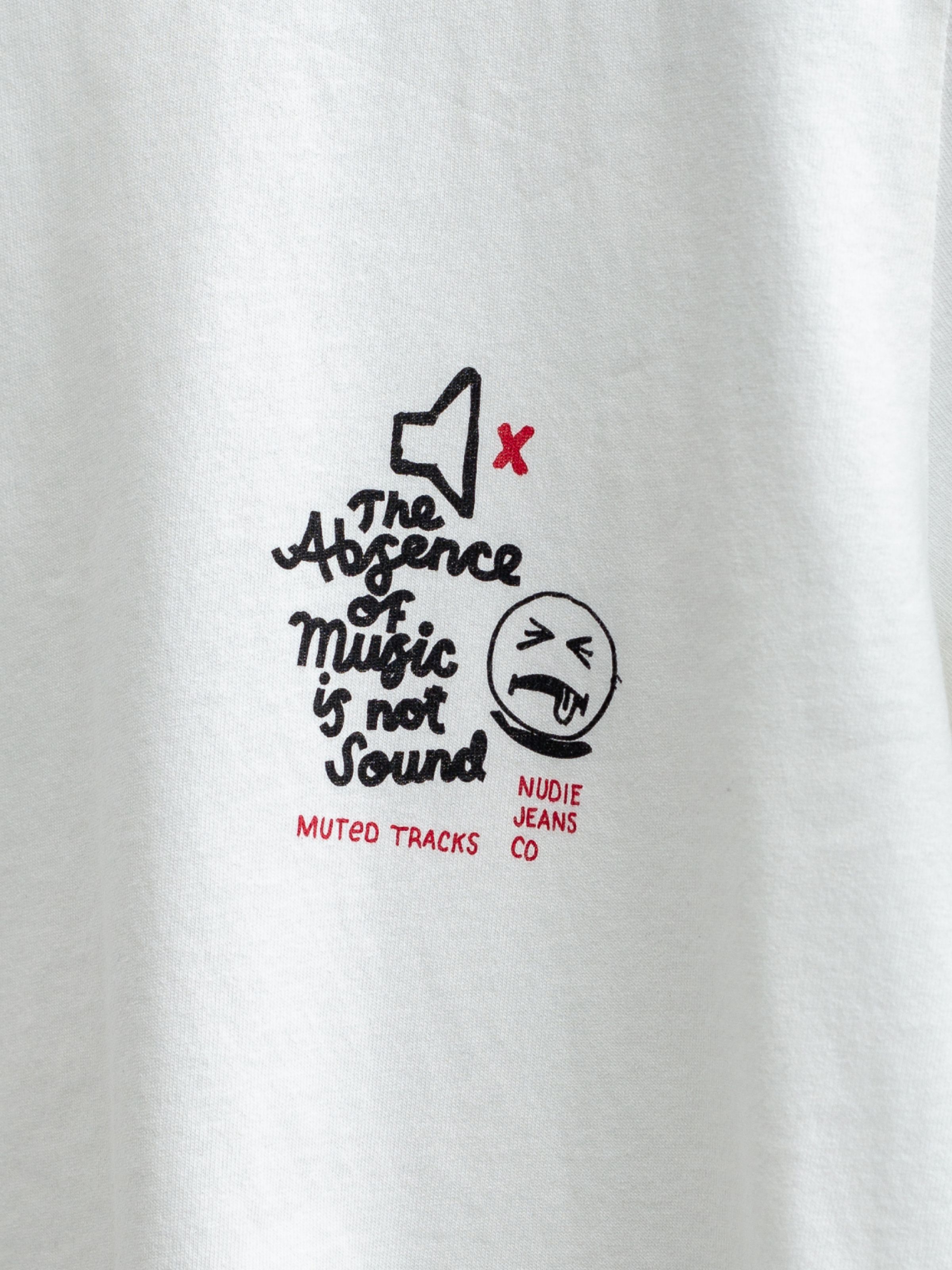 Nudie Jeans Roy Muted Tracks T-Shirt in Chalk White, showing a close-up of the chest print.