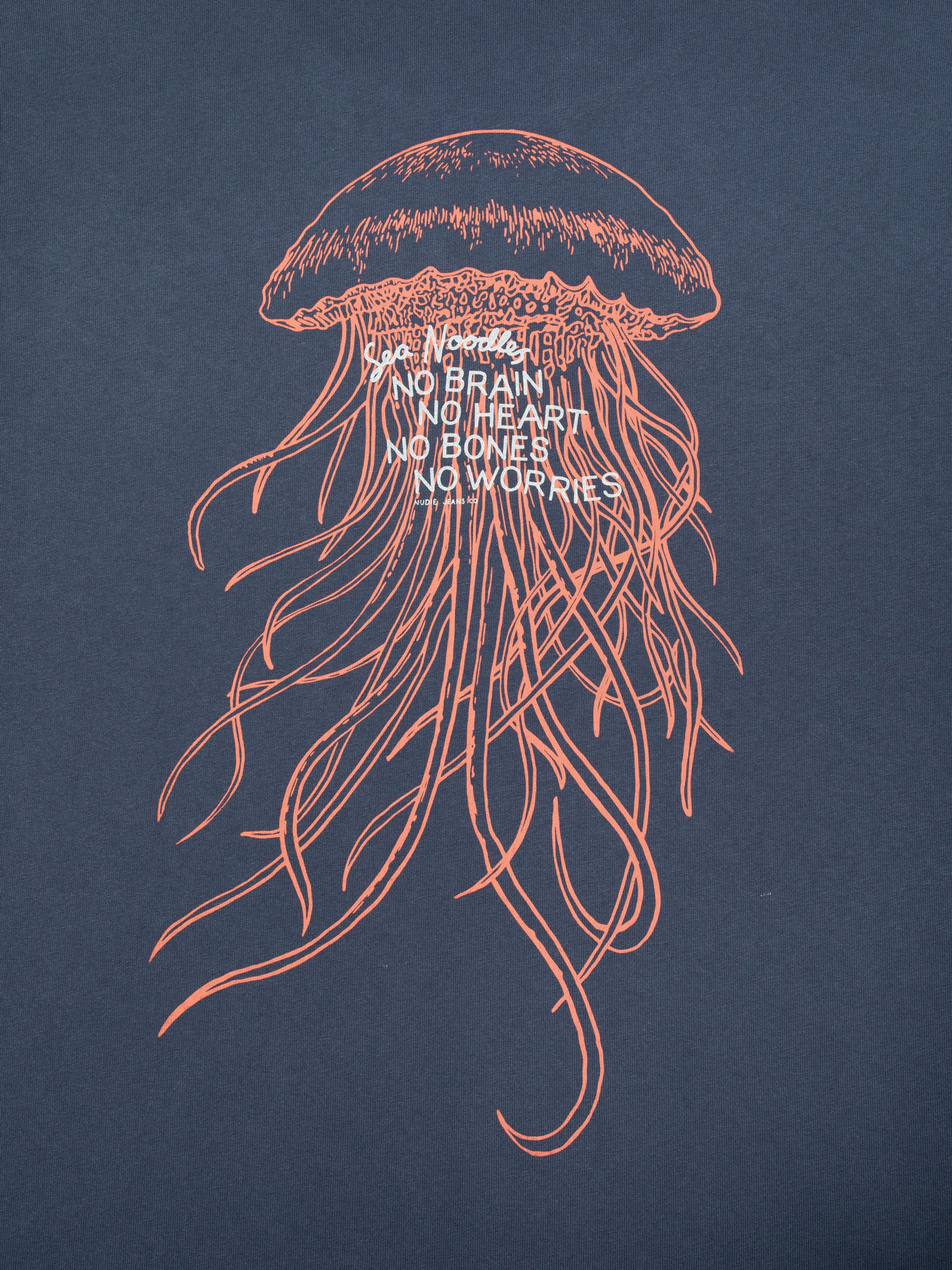 Nudie Jeans Roy Sea Noodles T-Shirt, close-up of the orange jellyfish print on the back.