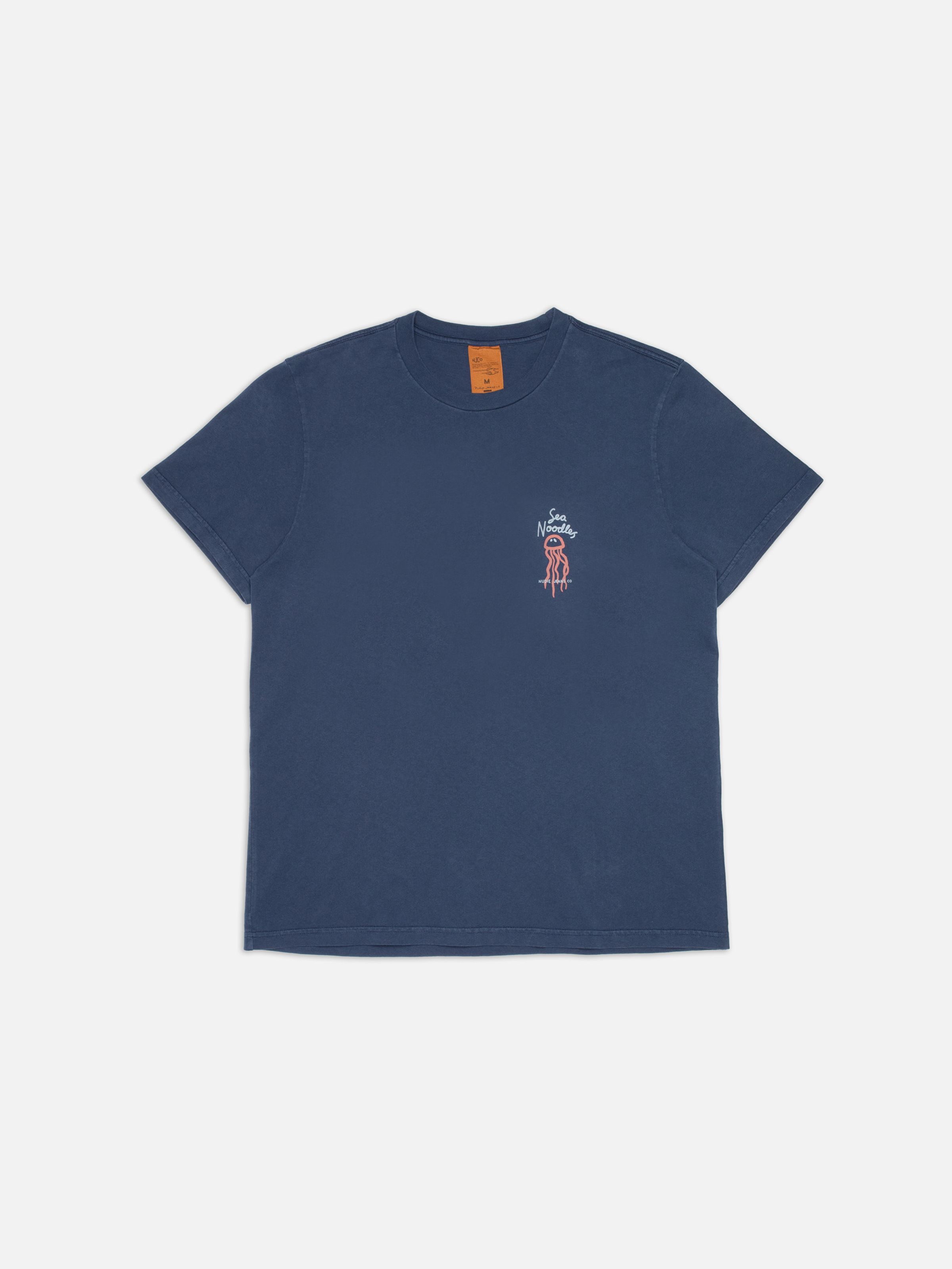 Nudie Jeans Roy Sea Noodles T-Shirt in Dark Blue, shown laid flat, displaying the front chest print.