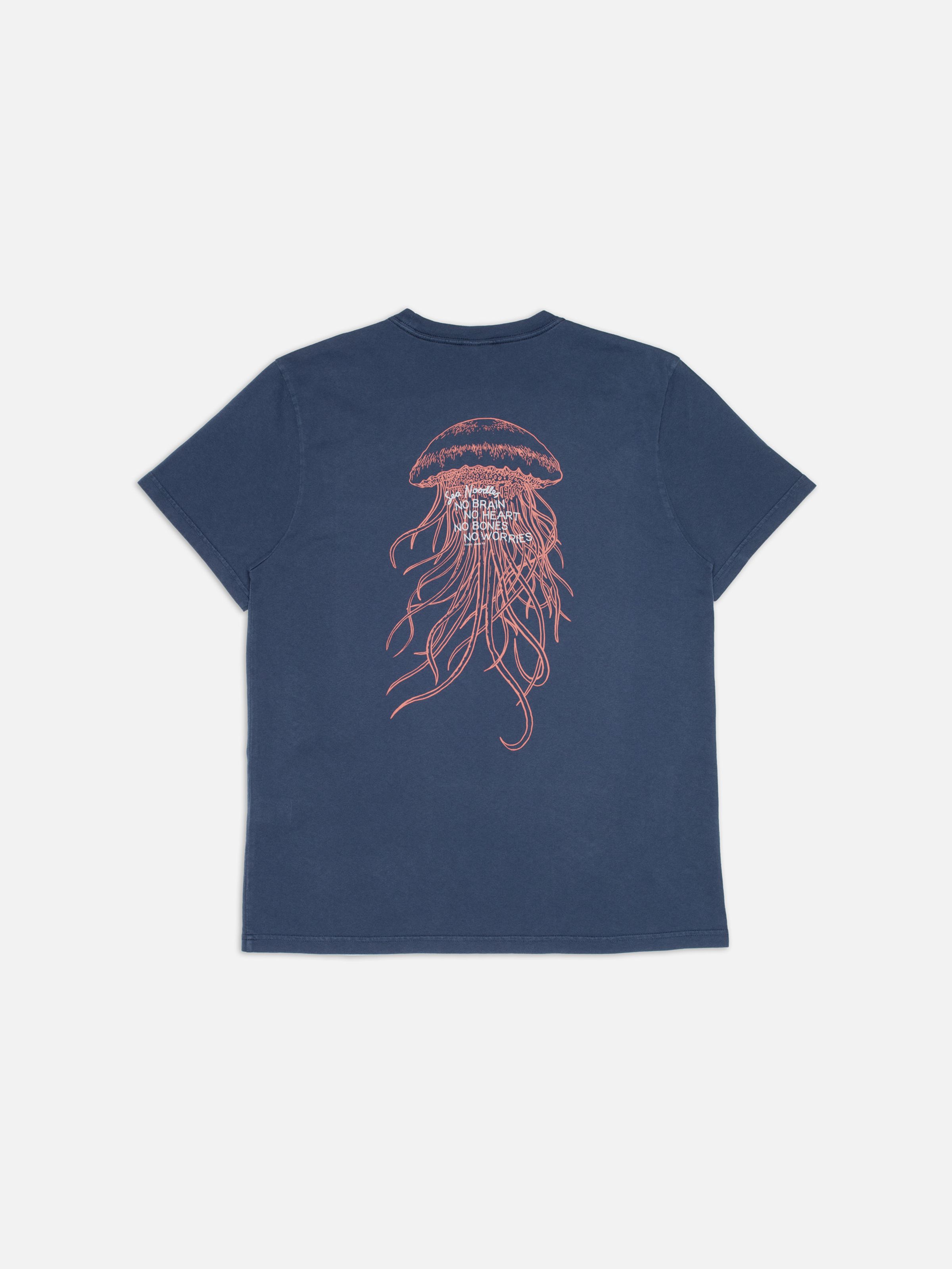Nudie Jeans Roy Sea Noodles T-Shirt in Dark Blue, a men's regular fit t-shirt shown from the back with a jellyfish print.