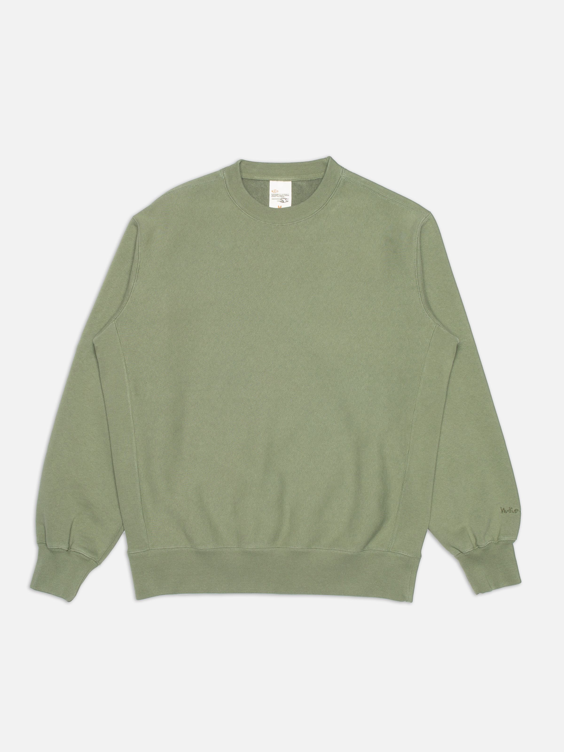 Nudie Jeans Hasse Crew Neck Sweatshirt in Green, men's sweatshirt shown laid flat.