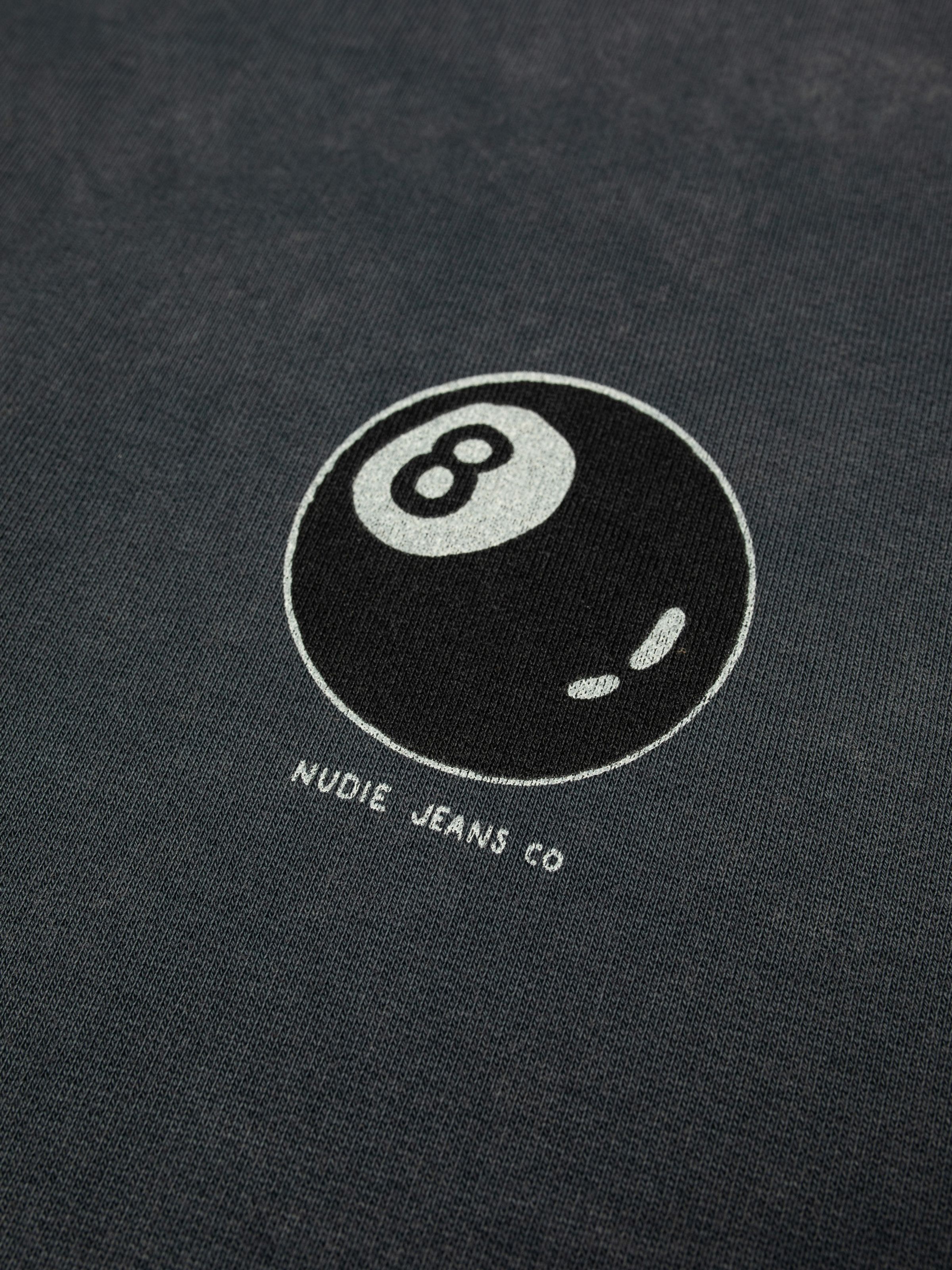 Nudie Jeans Palle Sweatshirt Knock-Topus in Antracite, close-up of the 8-ball graphic print.