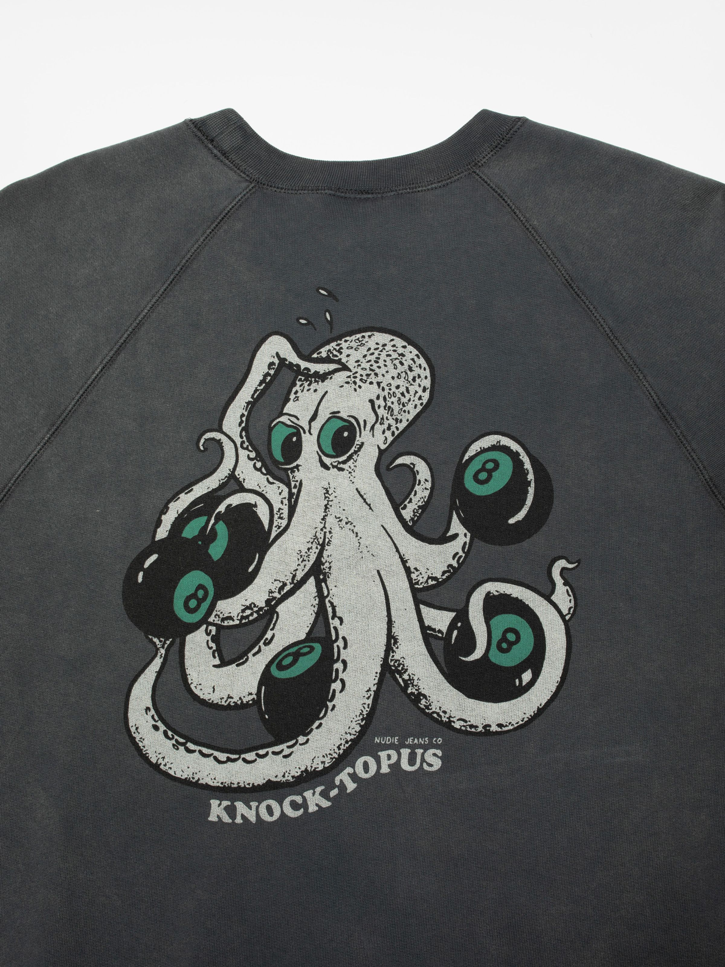 Nudie Jeans Palle Sweatshirt Knock-Topus in Antracite, close-up of the graphic print on the back.