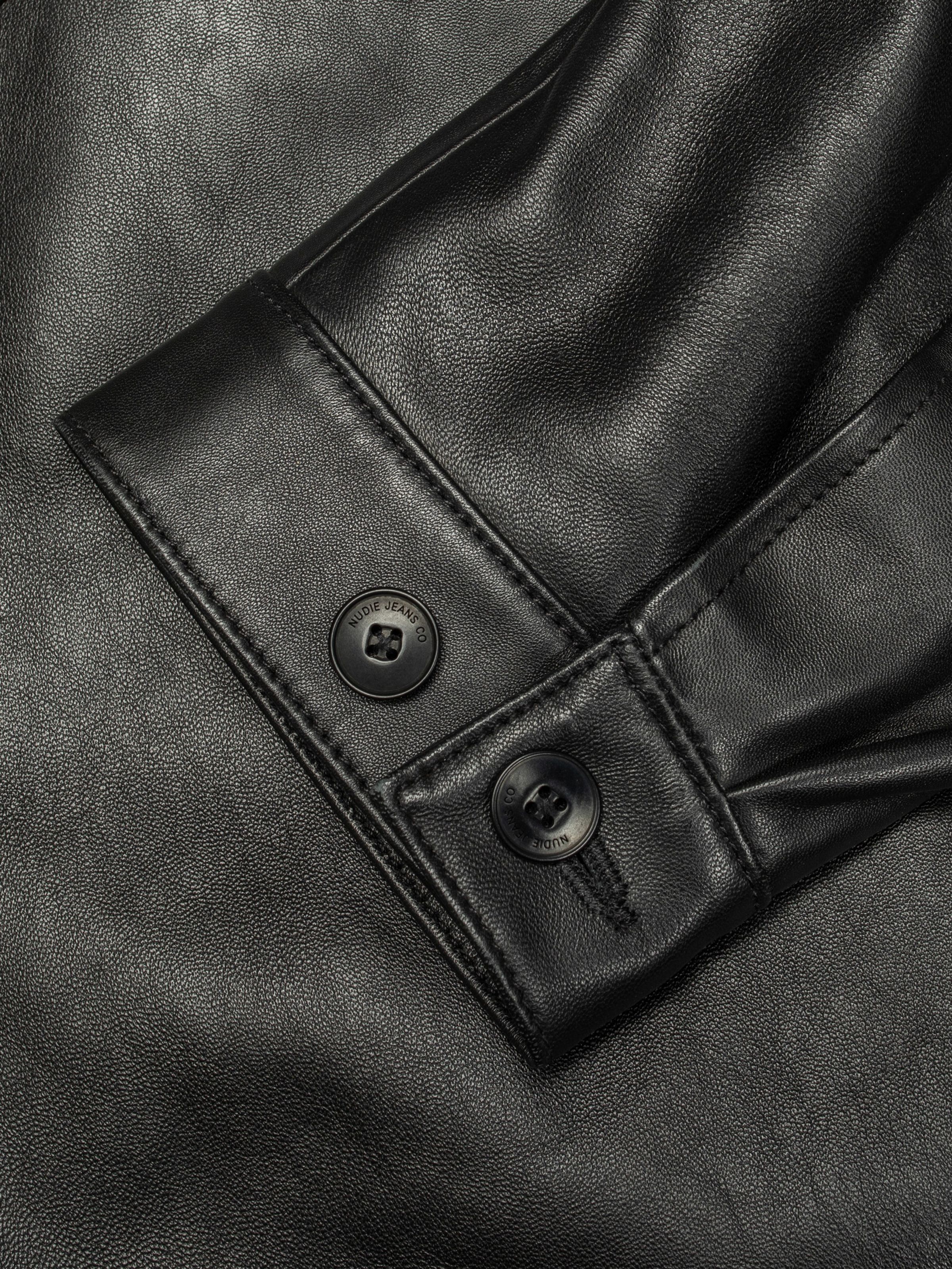 Nudie Jeans Blake Zip Jacket Leather Black, close-up of the sleeve cuff showing the branded button detail.