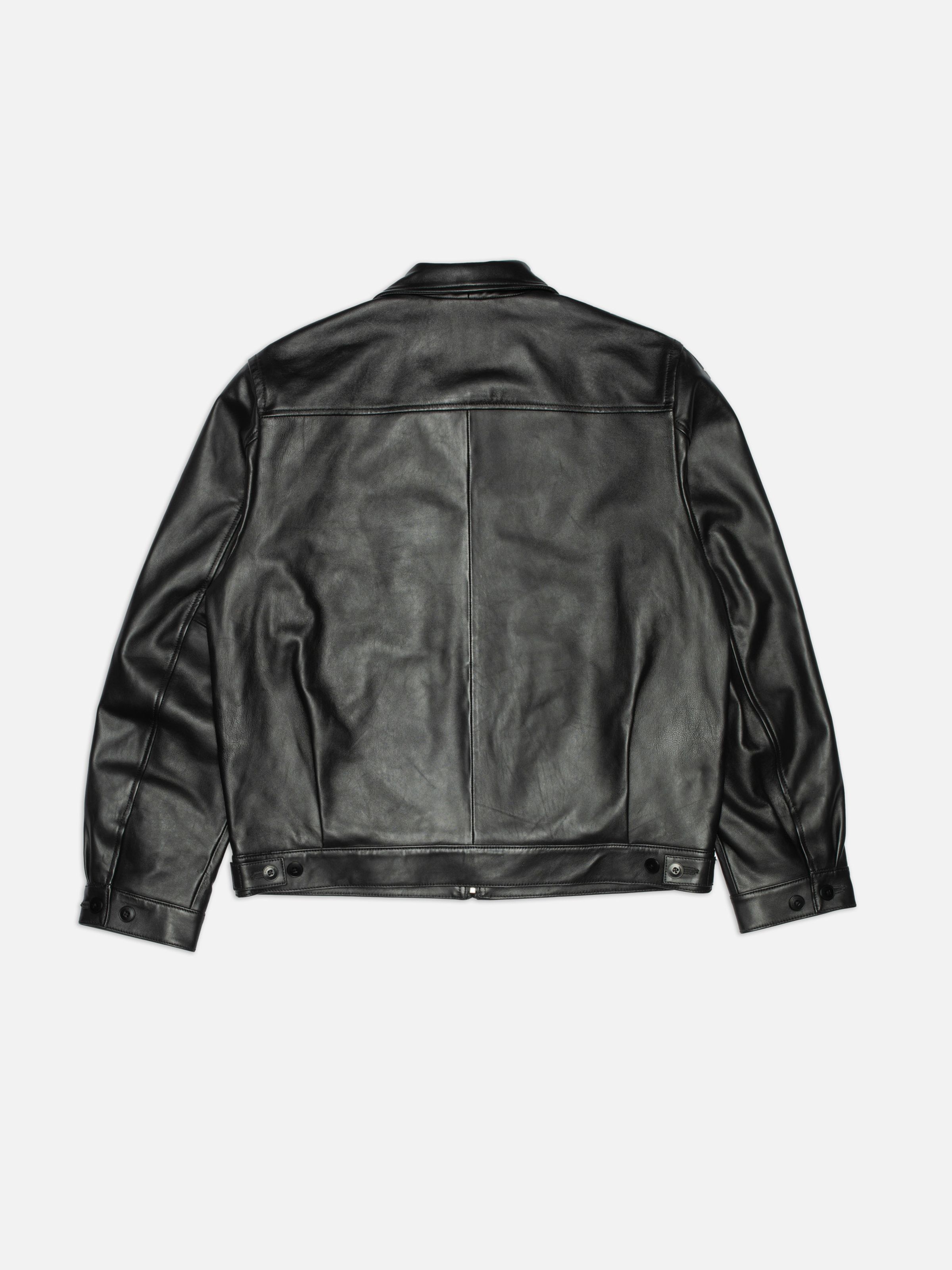 Nudie Jeans Blake Zip Jacket Leather Black, men's leather jacket shown from the back.