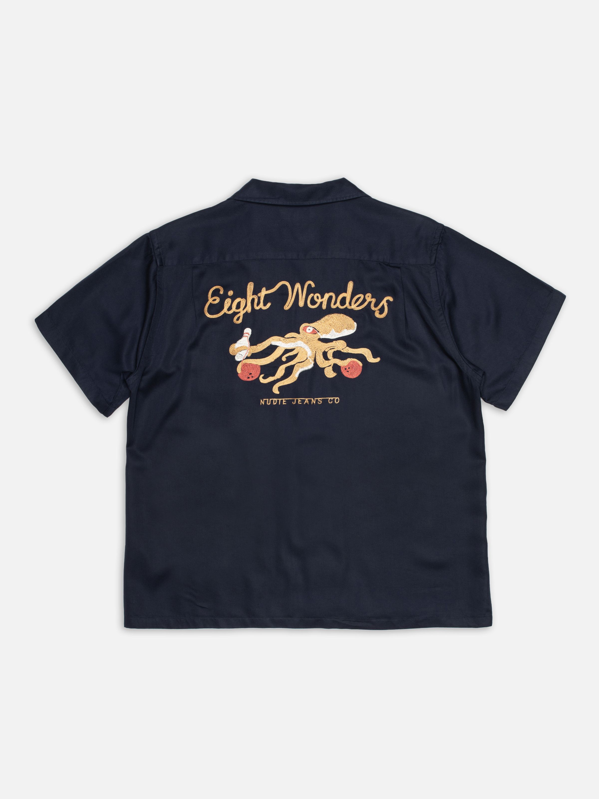 Nudie Jeans Arthur Bowling Shirt 8 Wonders in navy, shown from the back featuring the octopus bowling embroidery.