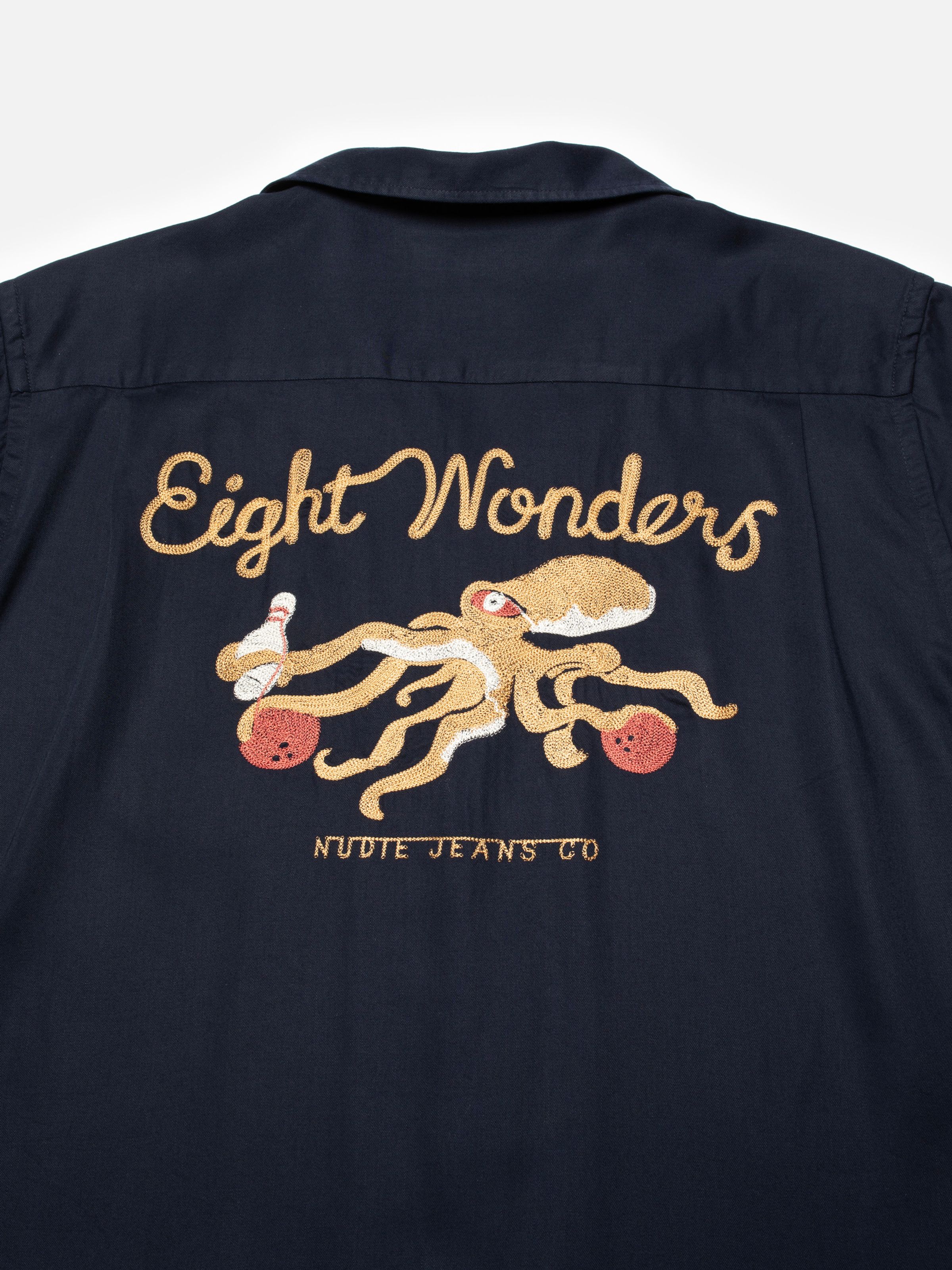 Nudie Jeans Arthur Bowling Shirt 8 Wonders in navy, close-up of the back showing the 'Eight Wonders' octopus embroidery.