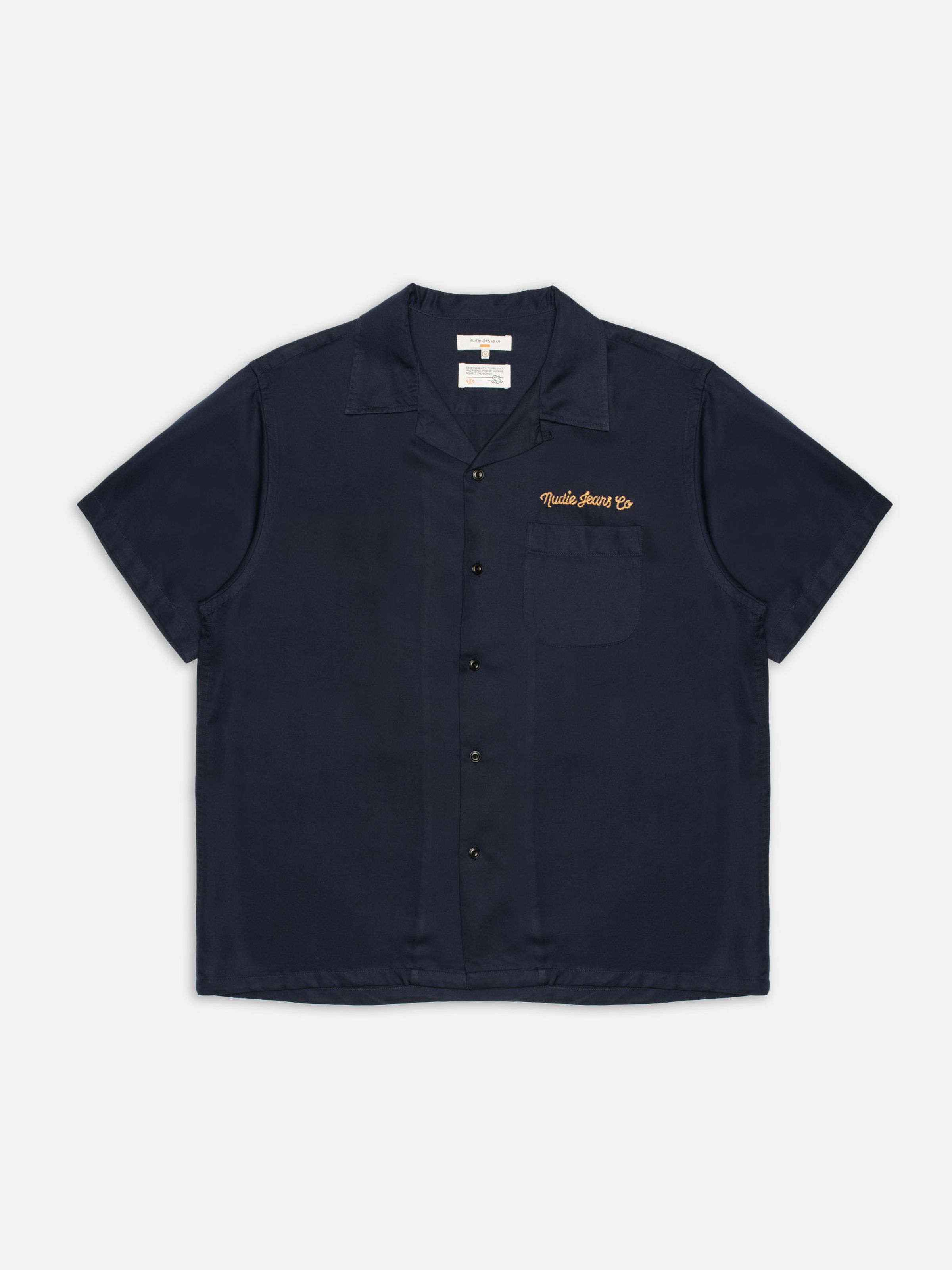 Nudie Jeans Arthur Bowling Shirt 8 Wonders in navy, a short-sleeved shirt shown from the front in a flatshot.