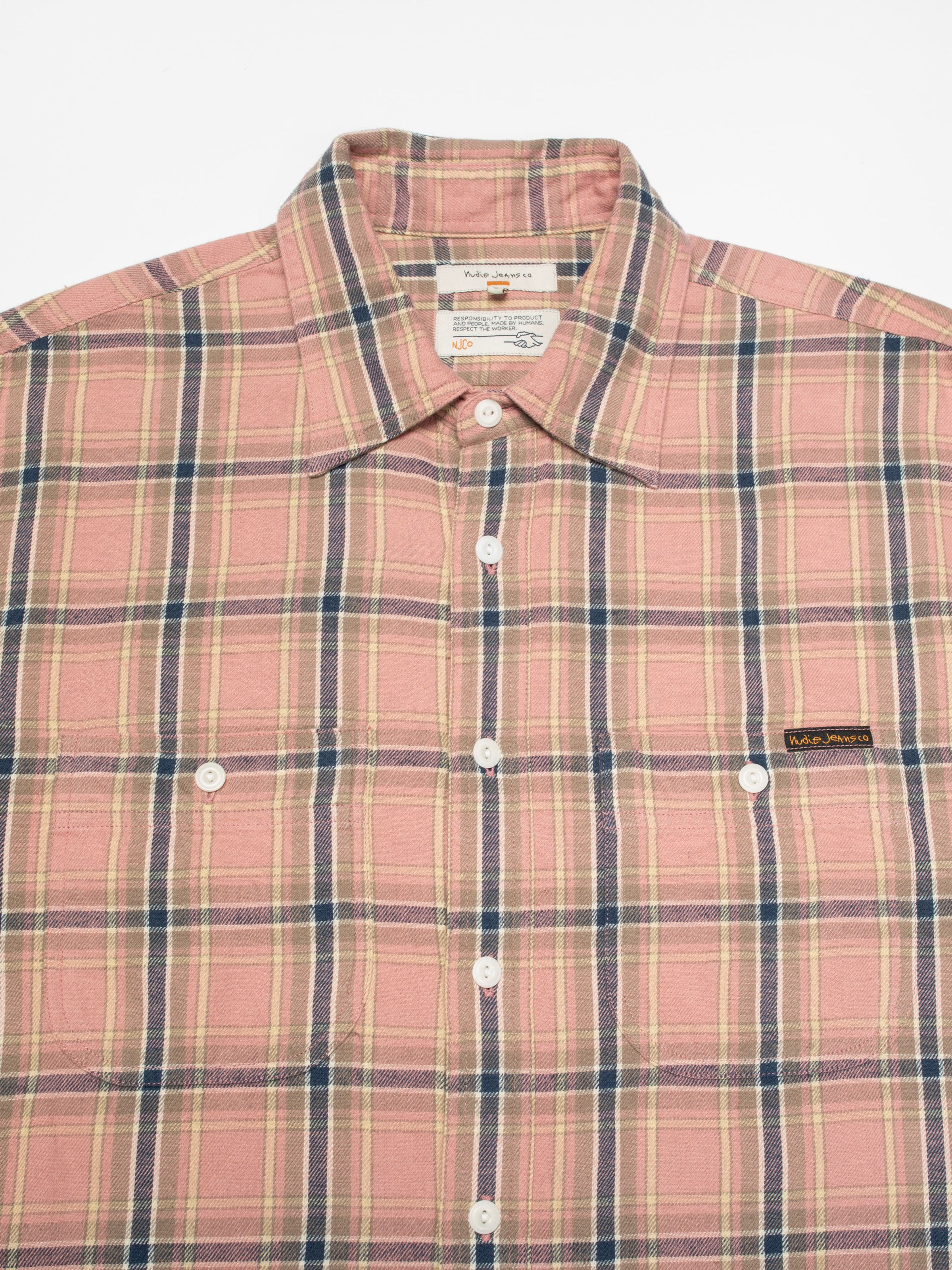 Nudie Jeans Julian Worker Shirt Checked in Pink, men's shirt, showing a close-up of the collar and front placket.