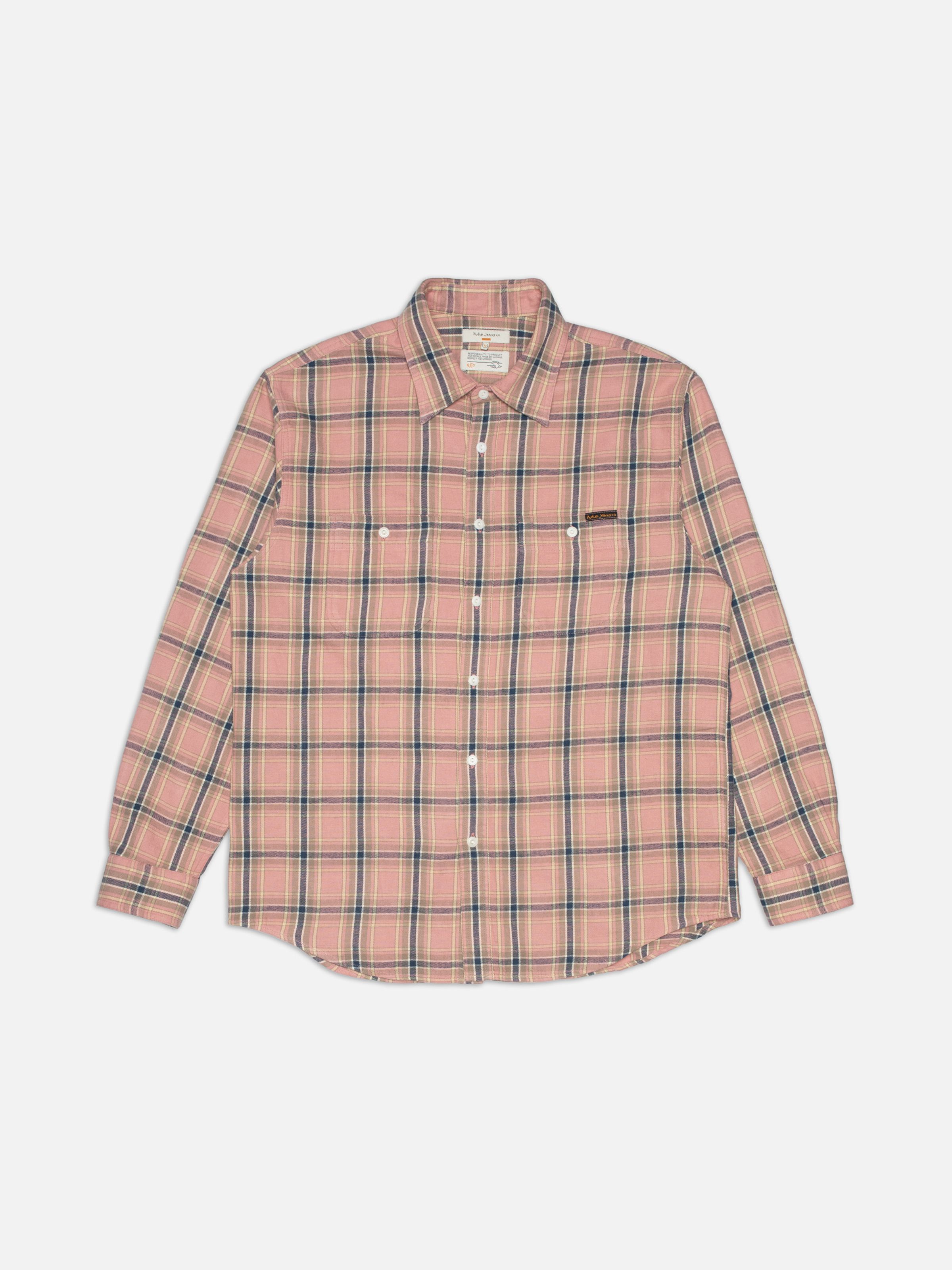 Nudie Jeans Julian Worker Shirt Checked in Pink, men's long-sleeve shirt laid flat showing the front.