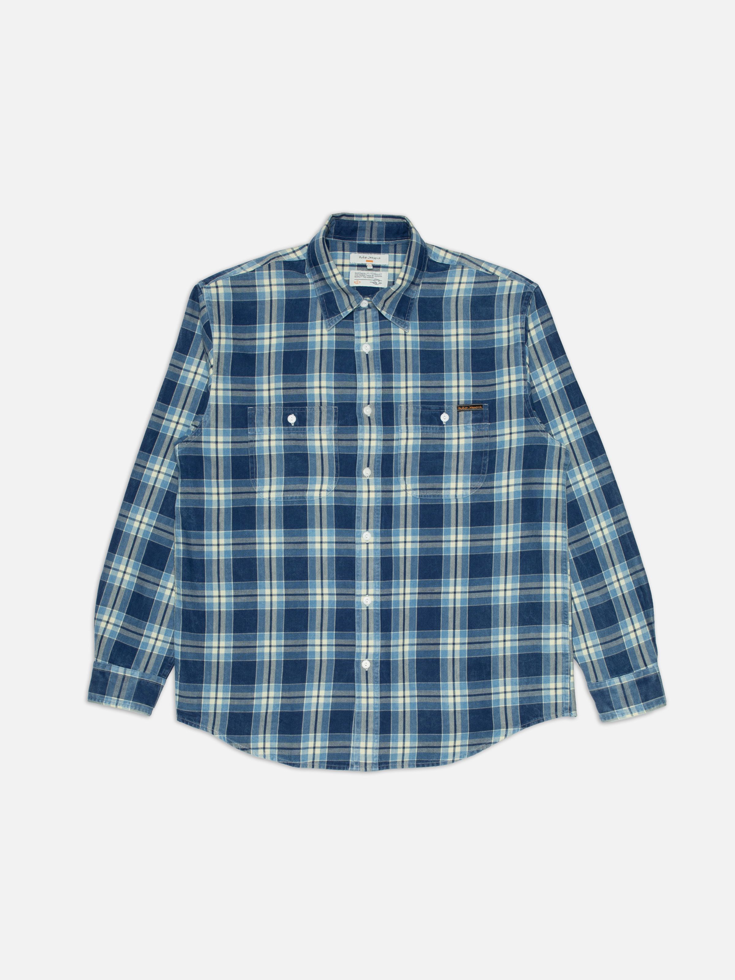 Nudie Jeans Julian Worker Shirt Checked, men's worker shirt in checked indigo, flatshot showing the front.