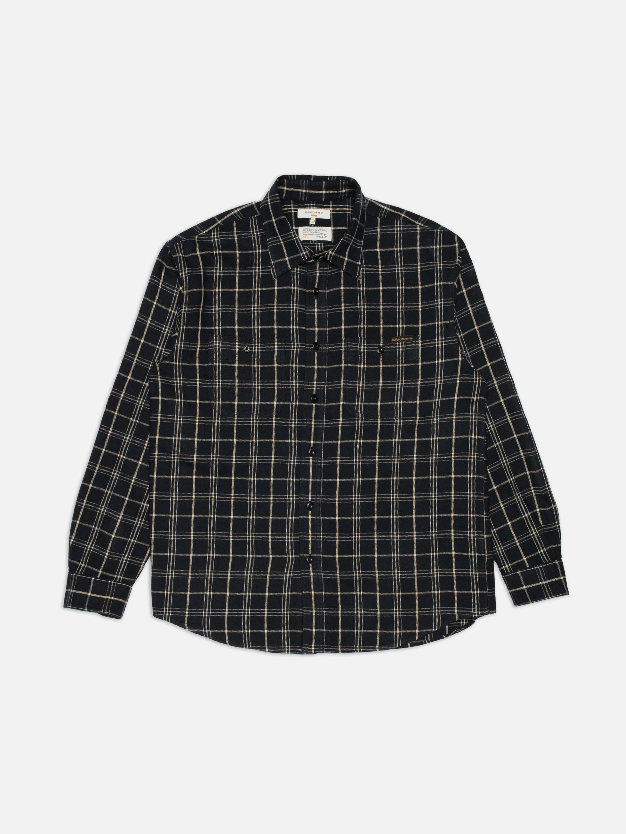 Nudie Jeans Julian Worker Shirt Checked, a men's black plaid shirt shown laid flat from the front.