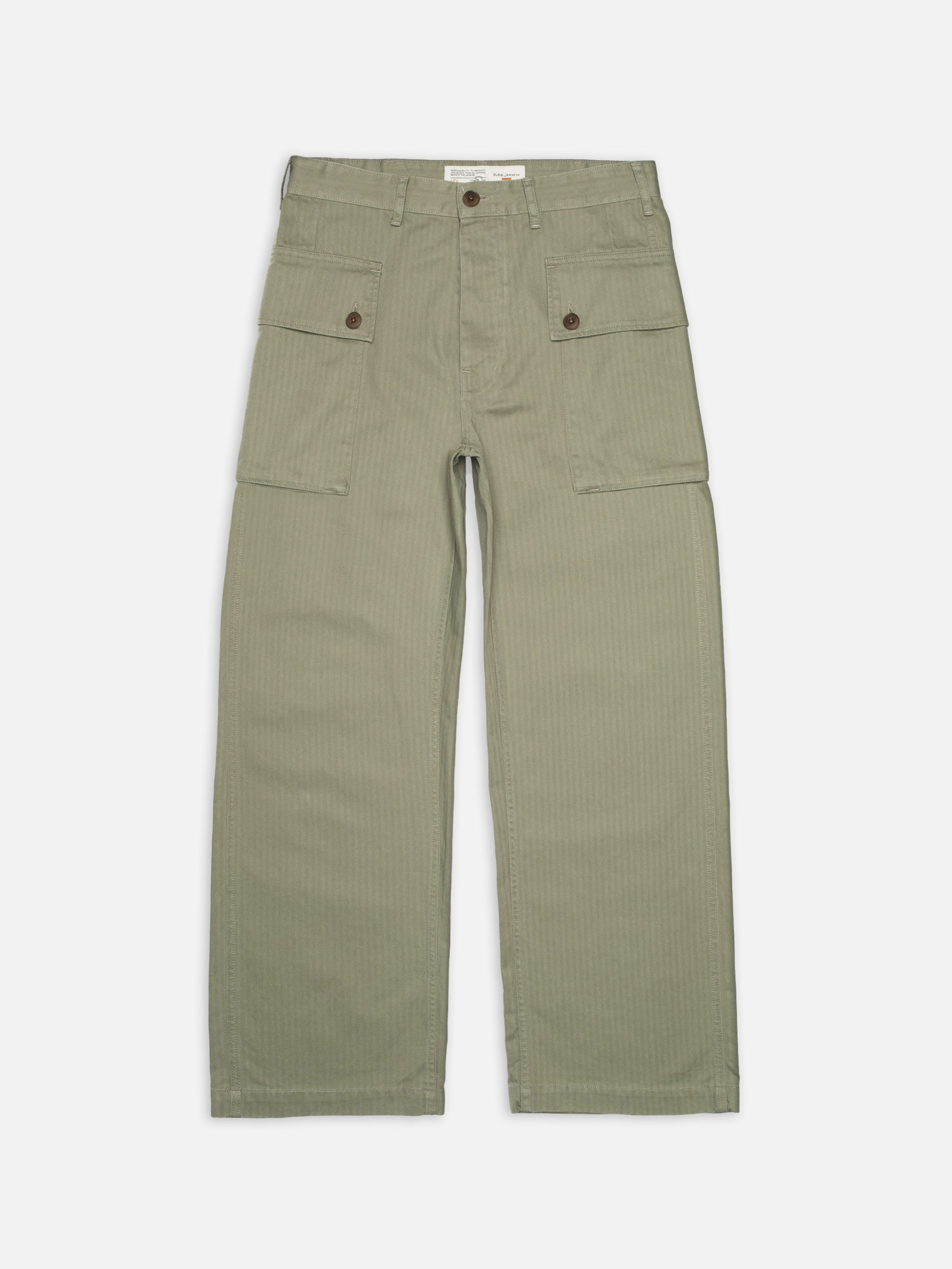 Nudie Jeans Loud Larry Pants Pale Green, men's loose fit wide leg pants shown laid flat from the front.