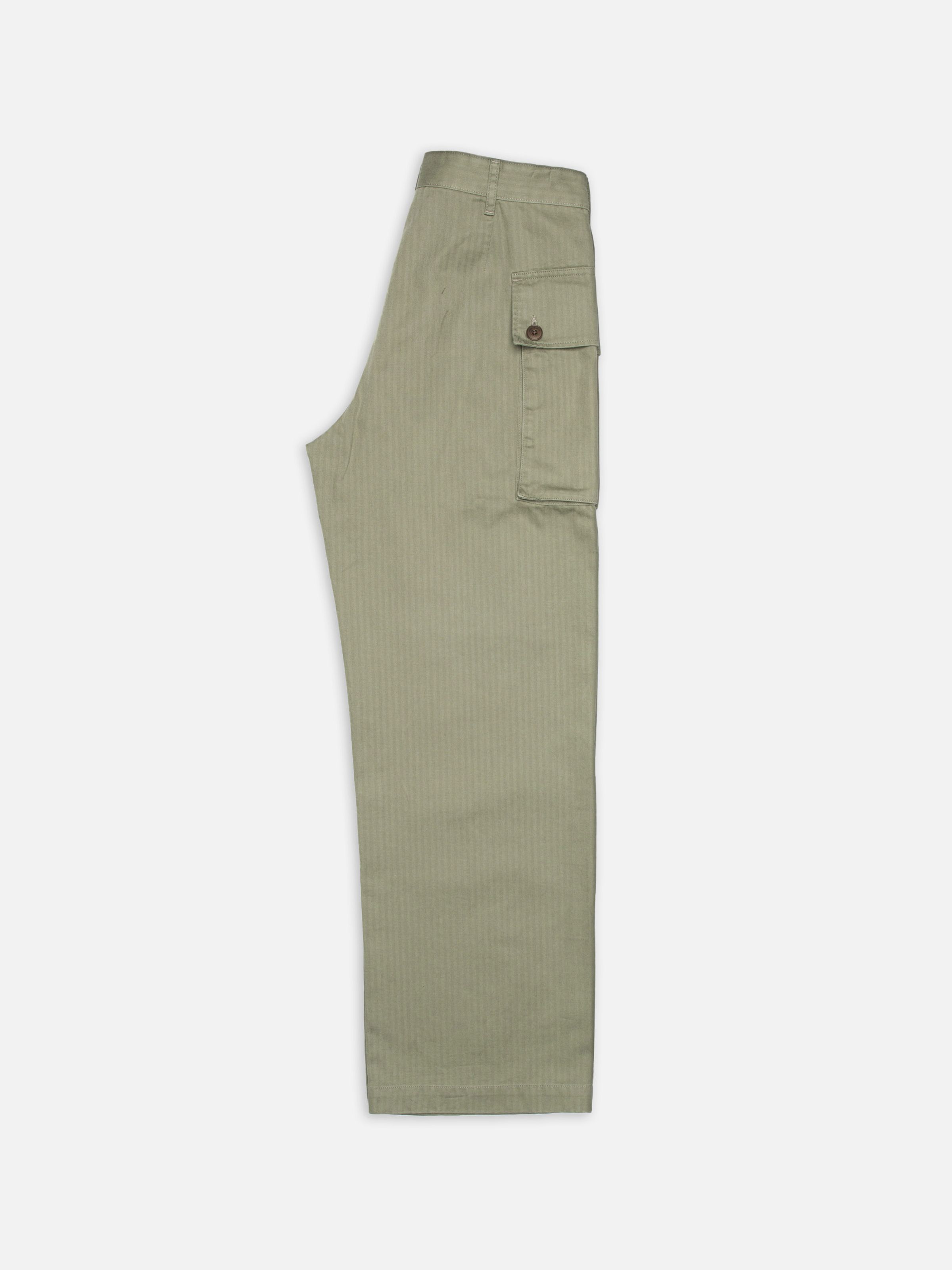 Nudie Jeans Loud Larry Pants Pale Green, men's loose fit cargo pants in herringbone twill, shown folded flat.