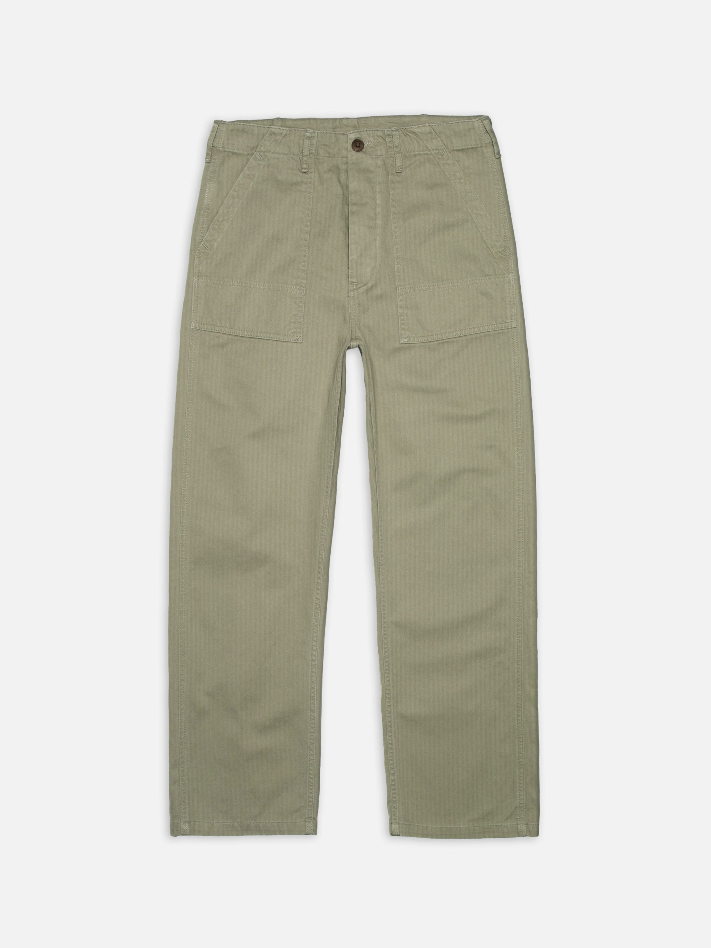 Nudie Jeans Tuff Tony Pants in Pale Green, men's loose fit pants, shown in a full-length flat shot from the front.