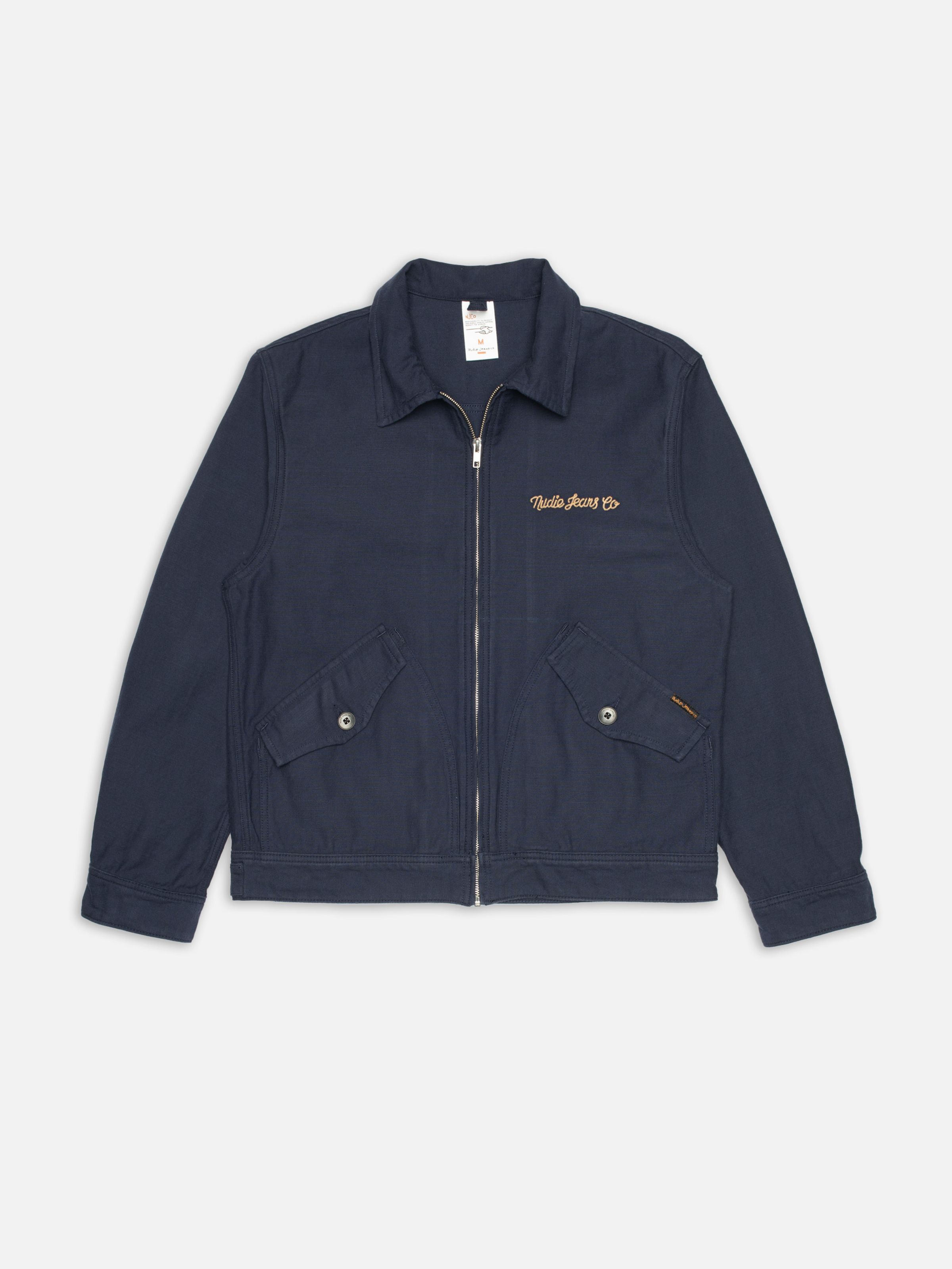 Nudie Jeans Blake Zip Jacket Back Sateen in Navy, a men's zip-up worker jacket shown laid flat from the front.
