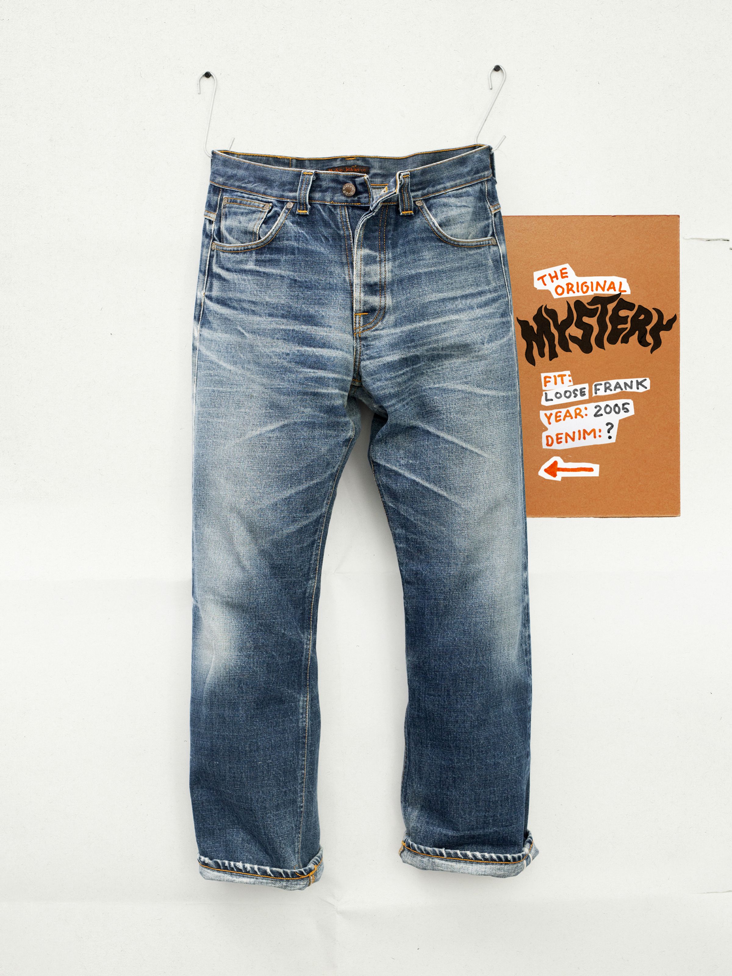Nudie Jeans Tuff Tony Mystery Original, with the inspirational vintage pair shown hanging from the front.