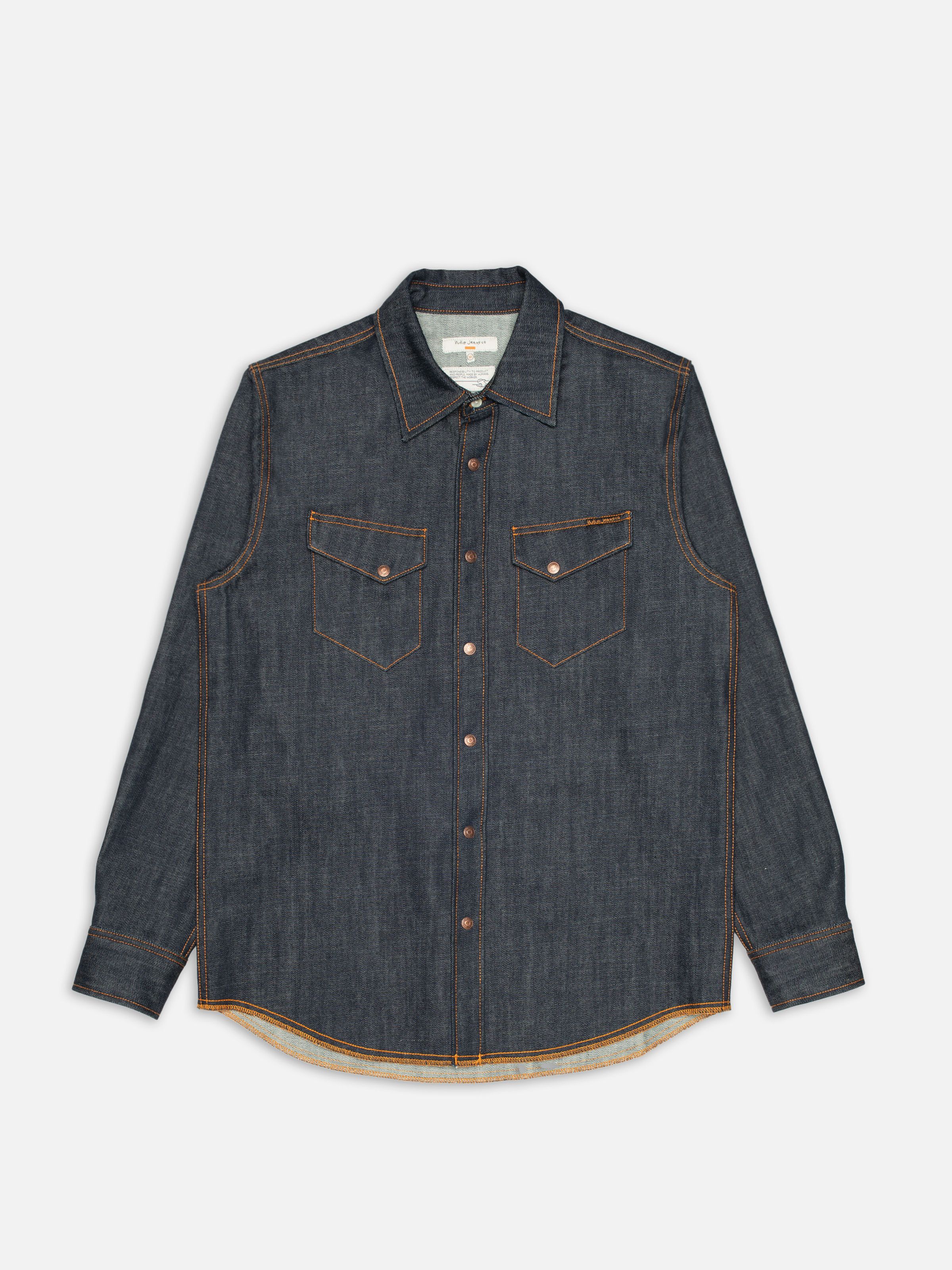 Nudie Jeans Gunnar Denim Shirt Dry Streaky, men's denim shirt shown as a flat lay.