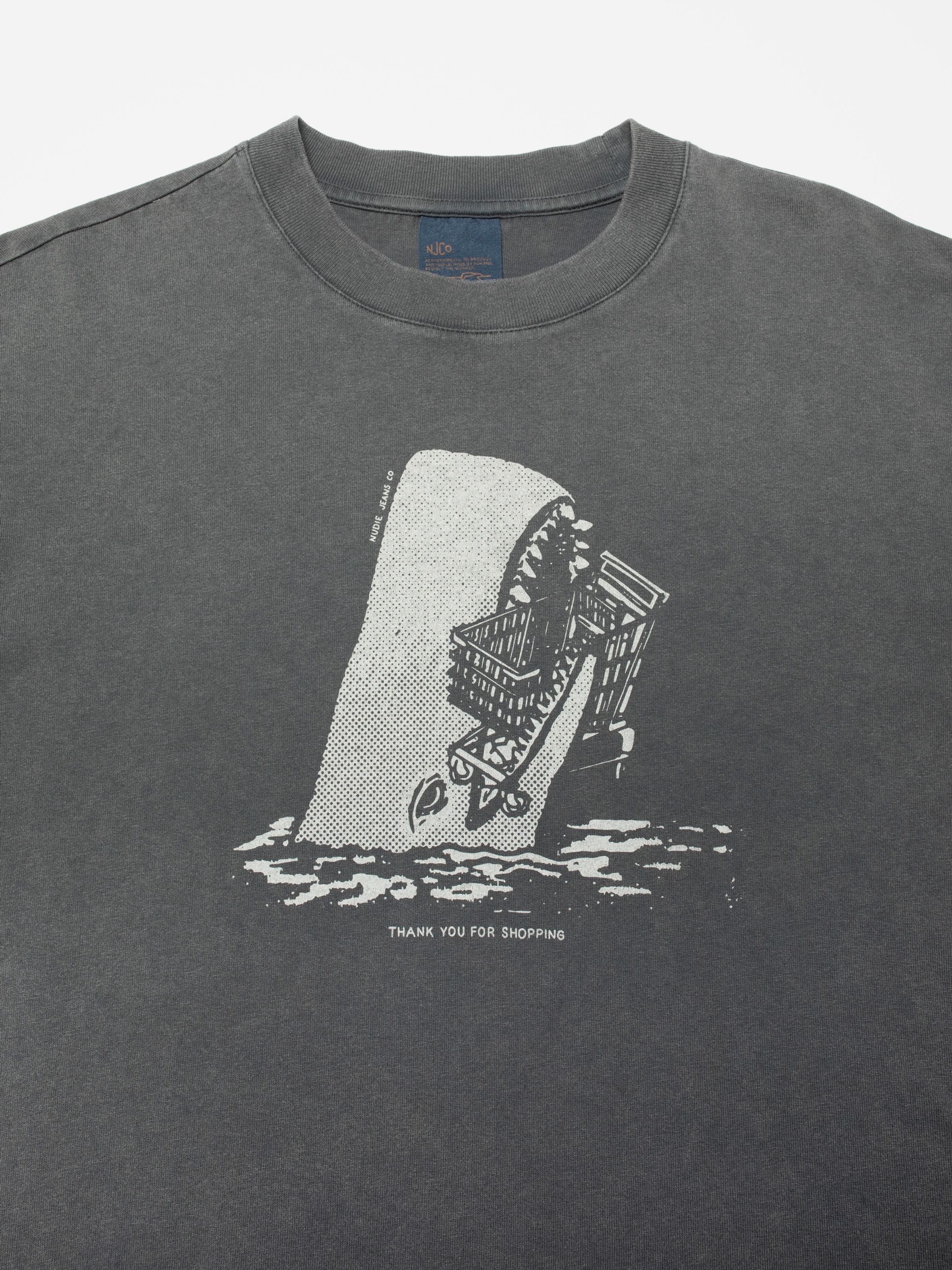 Nudie Jeans Rita T-Shirt Shop-Chop, women's t-shirt in antracite, showing a close-up of the chest graphic.