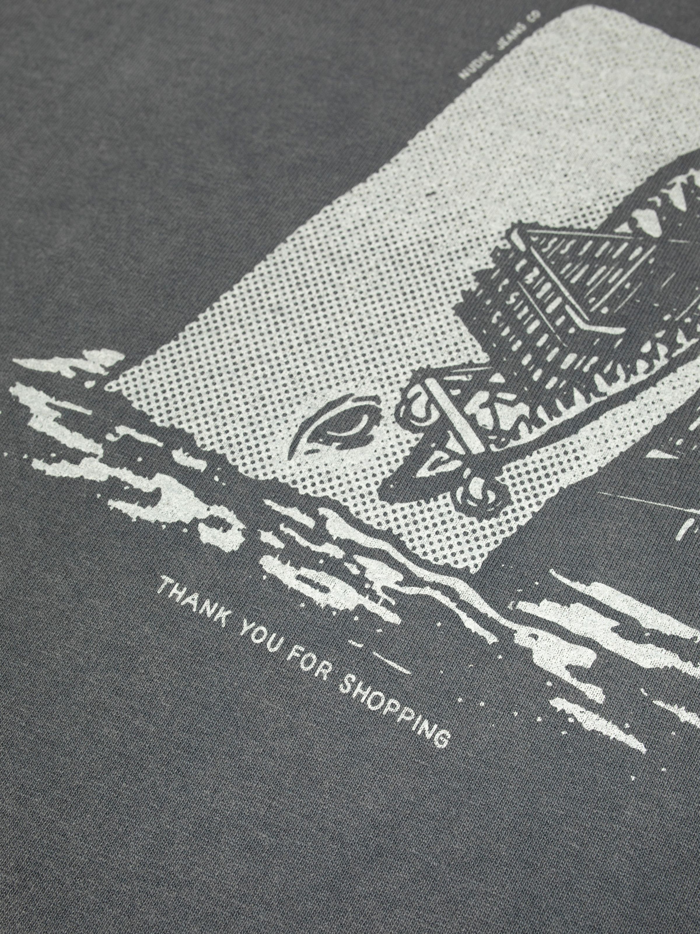 Nudie Jeans Rita T-Shirt Shop-Chop, women's t-shirt in Antracite, showing a close-up of the chest print.