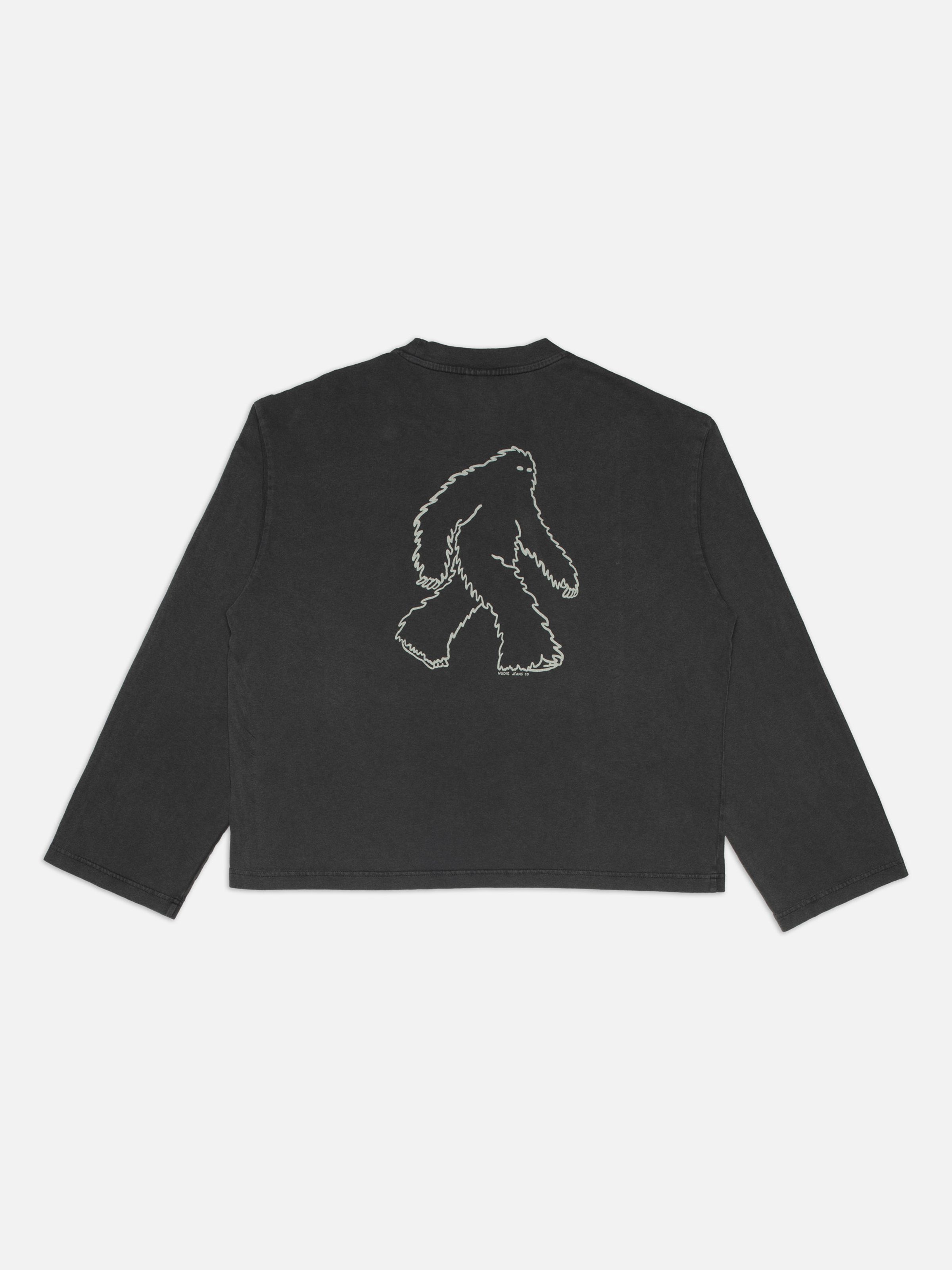 Nudie Jeans Karita Icy Long Sleeve T-Shirt in Antracite, laid flat to show the back view with the Yeti graphic.