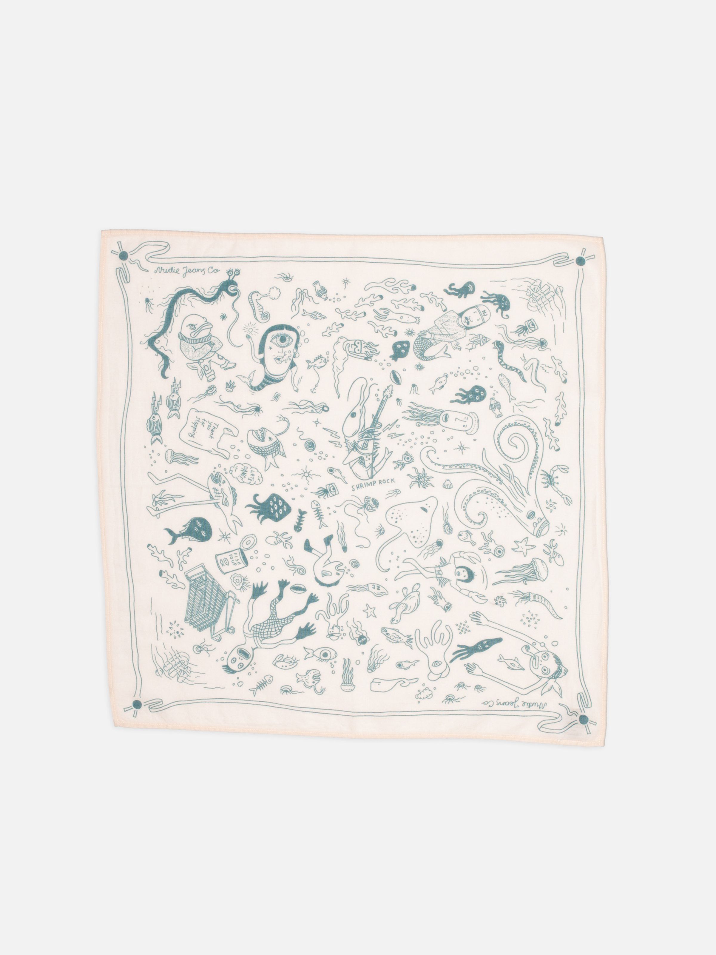 Nudie Jeans Ingrid Bandana Deep Sea Doodles Pink, a unisex cotton bandana with a sea doodle print, shown laid out flat.