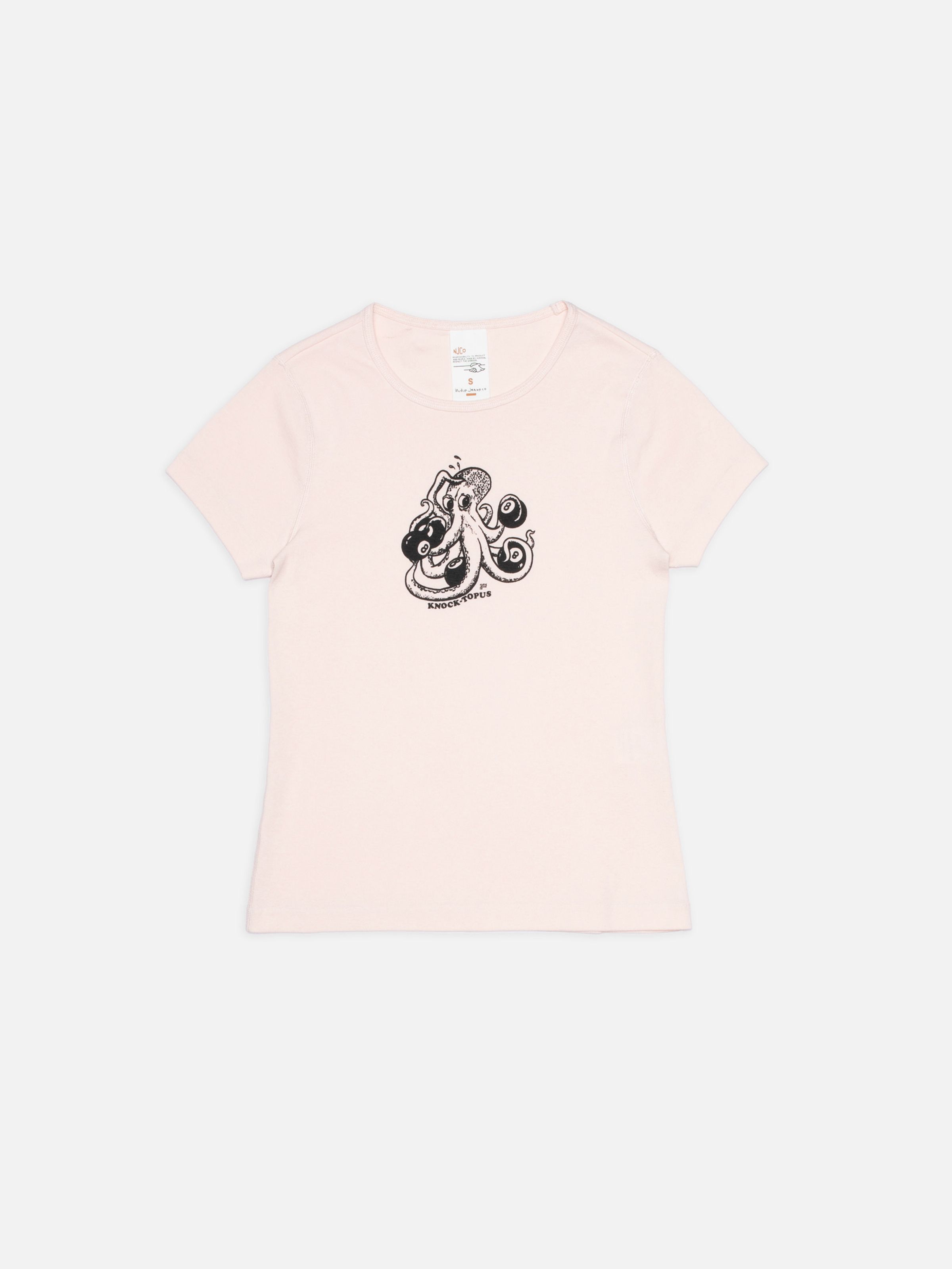 Nudie Jeans Eve T-Shirt Knock-Topus in Pink, women's t-shirt, shown as a flat shot.