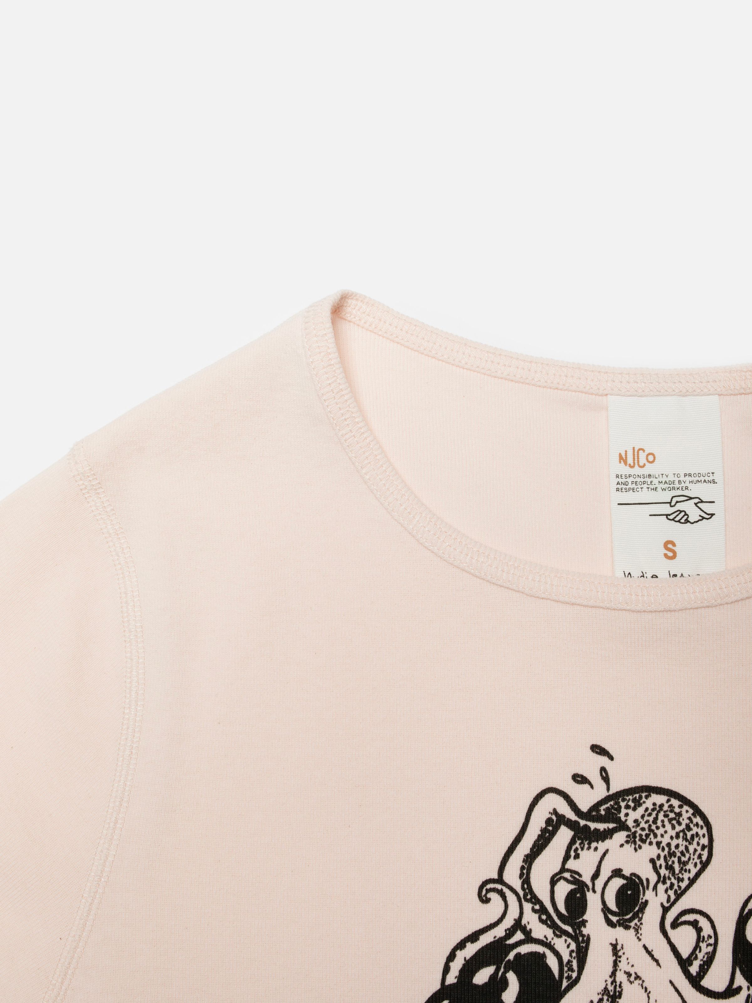 Nudie Jeans Eve T-Shirt Knock-Topus in Pink, close-up of the ribbed crew neckline and part of the octopus chest print.