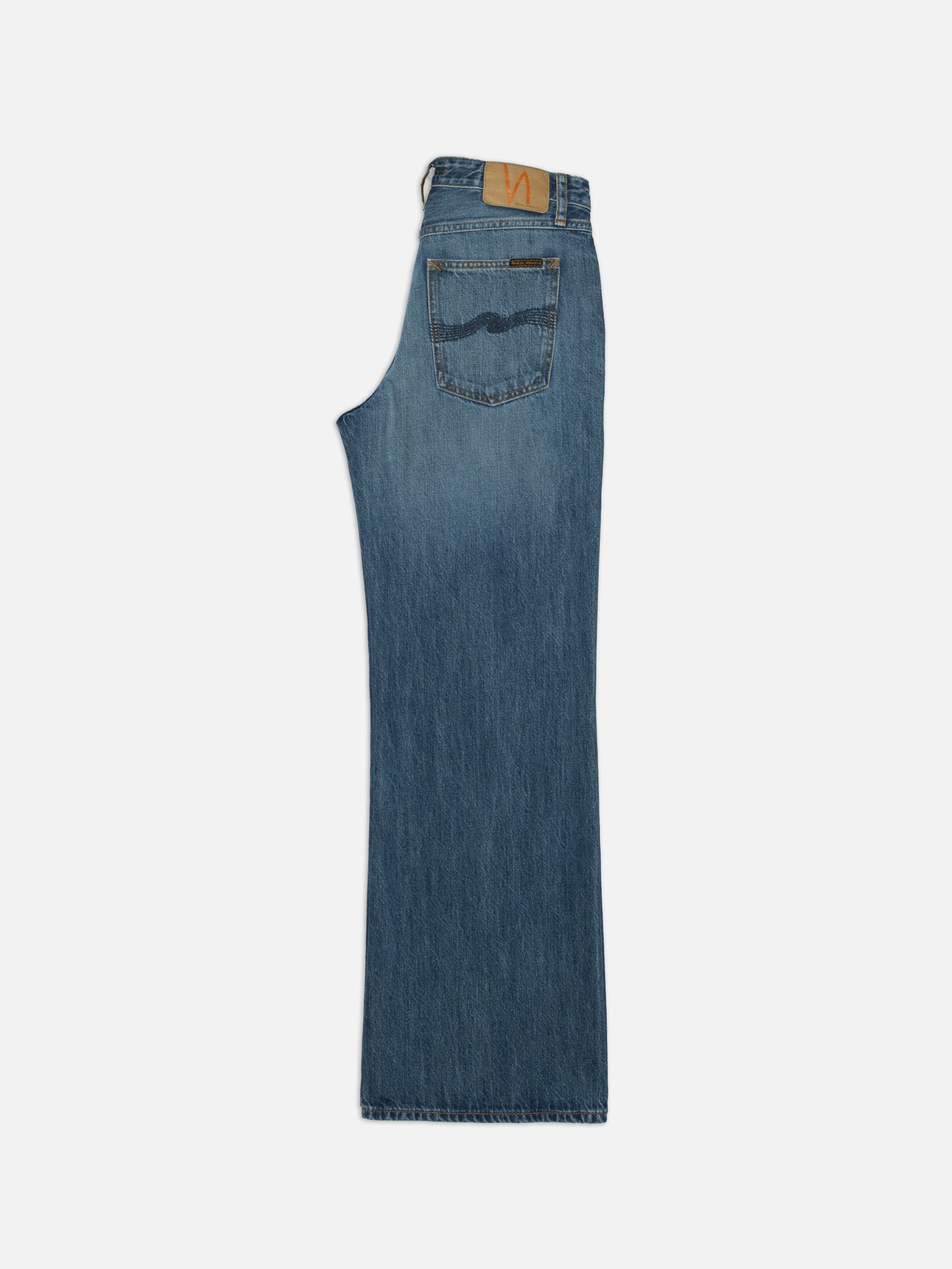 Nudie Jeans Wide Heidi Clear Skies, women's wide-leg jeans in a light blue wash, side profile showing the back pocket.