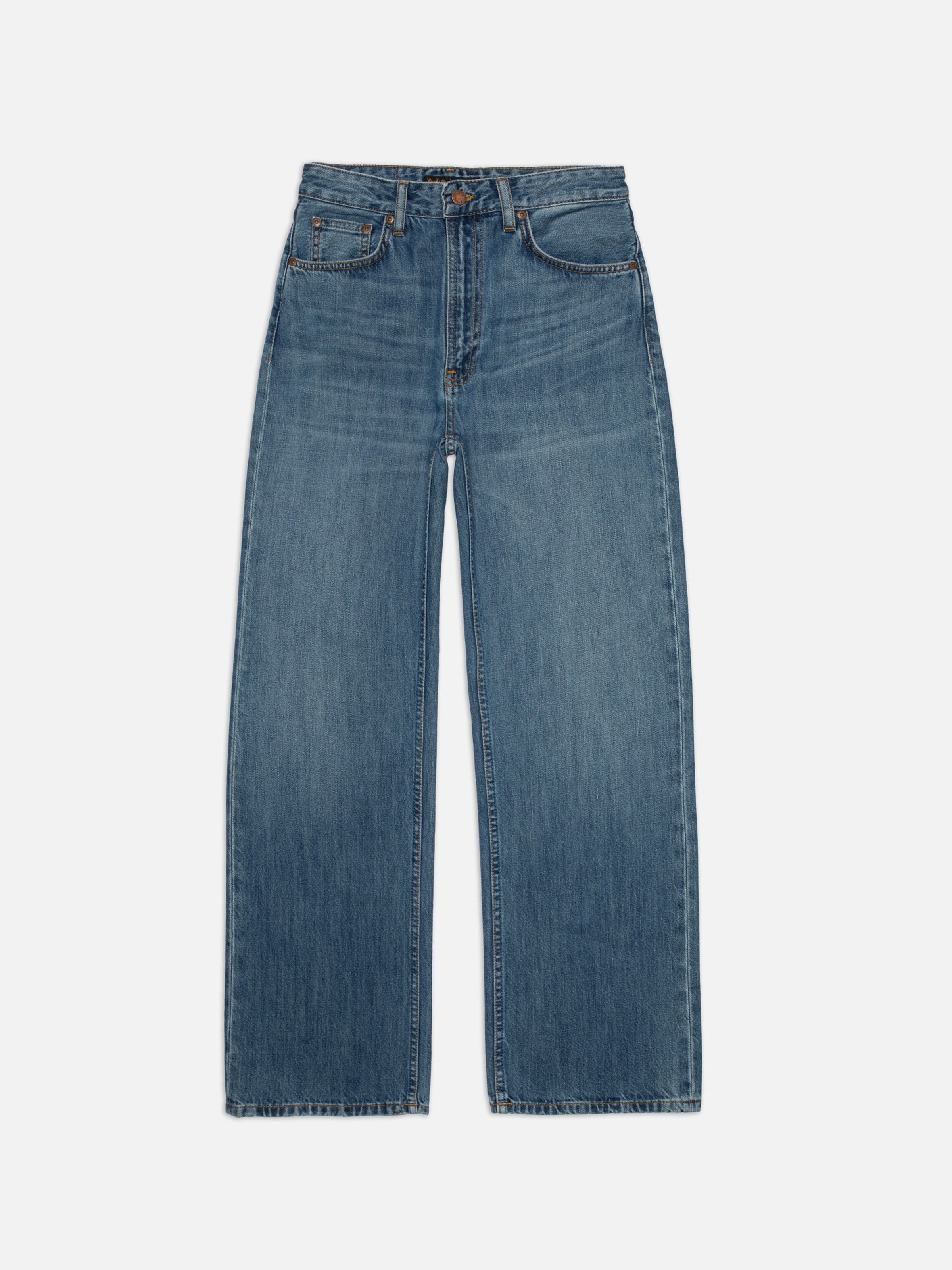 Nudie Jeans Clean Eileen Clear Skies, women's wide-leg jeans, laid flat and shown from the front.