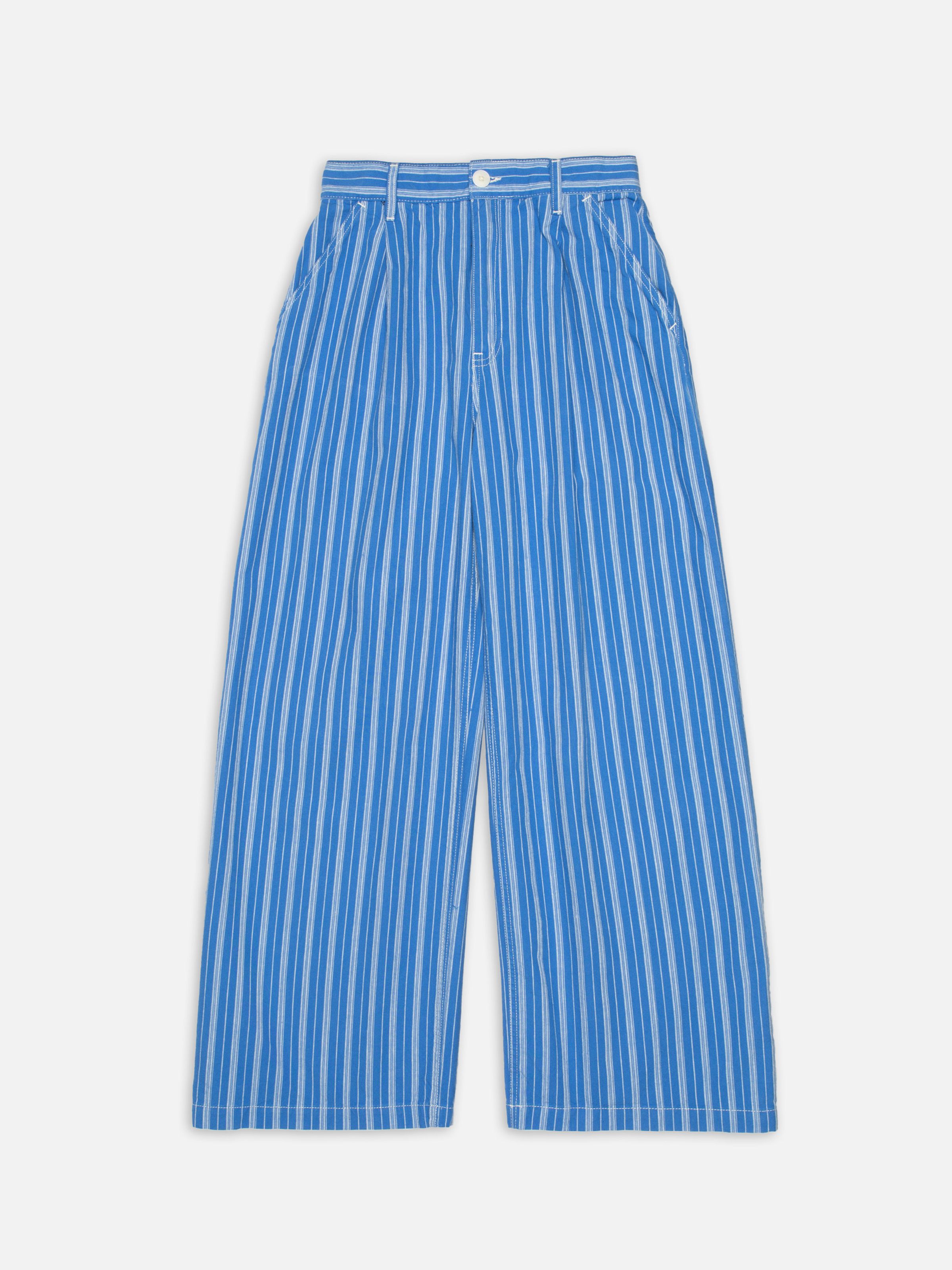 Nudie Jeans Gullan Pants Striped, women's loose fit pants shown from the front in a flat lay.