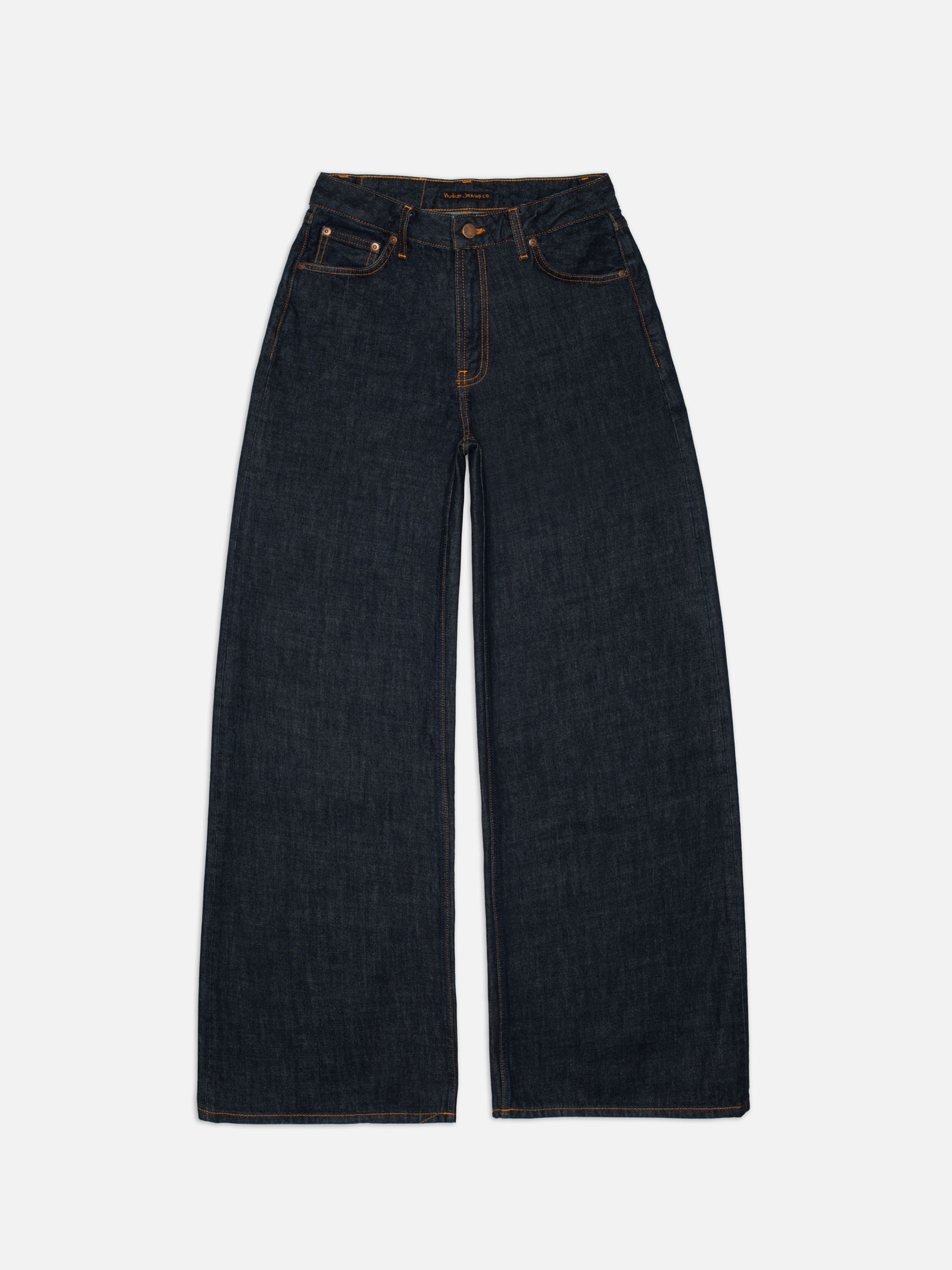 Nudie Jeans Sonic Sue One Wash, women's loose fit wide-leg jeans, laid flat and seen from the front.