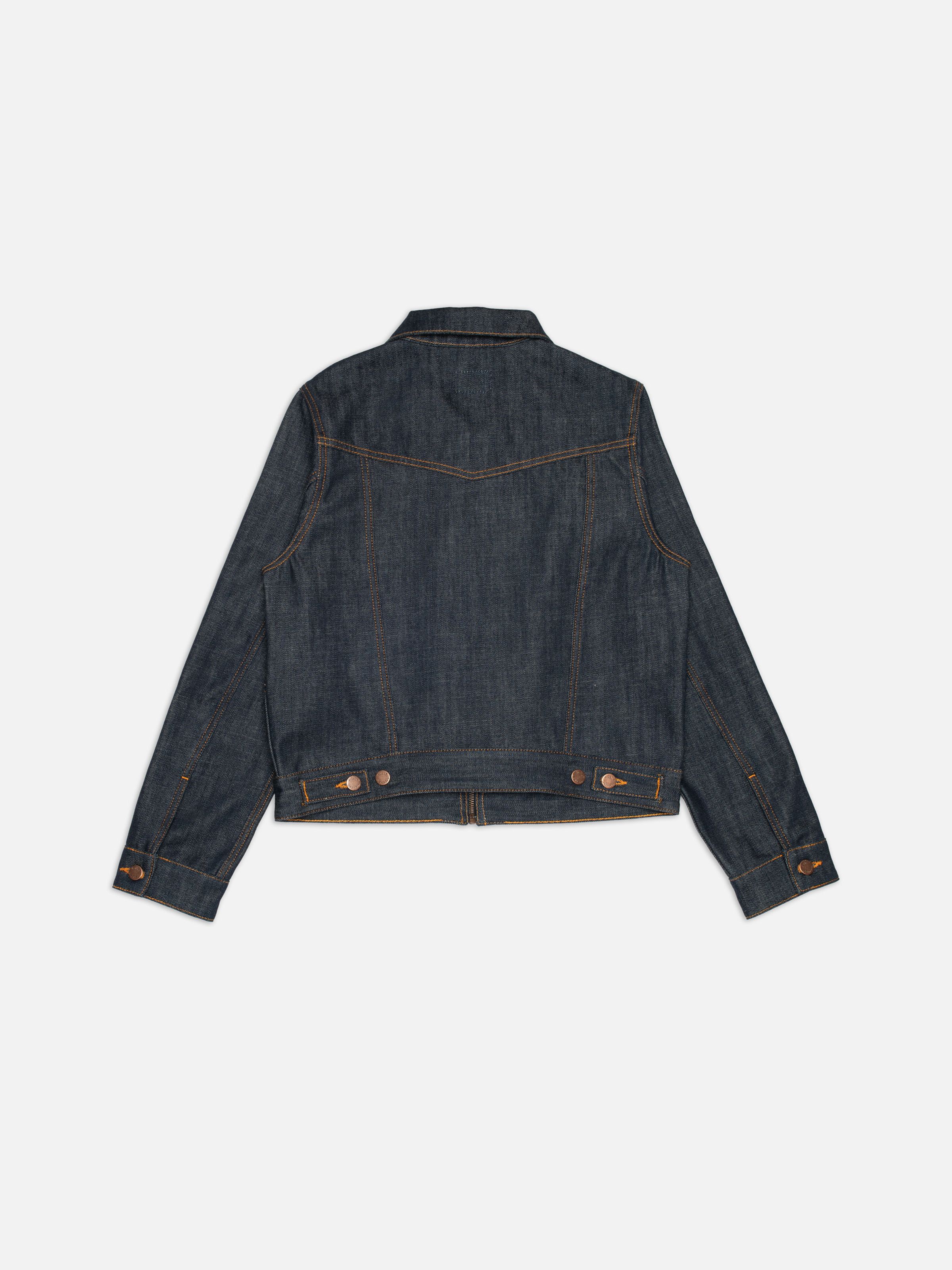 Nudie Jeans Britta Denim Jacket Dry Streaky, women's slim fit denim jacket shown from the back, laid flat.
