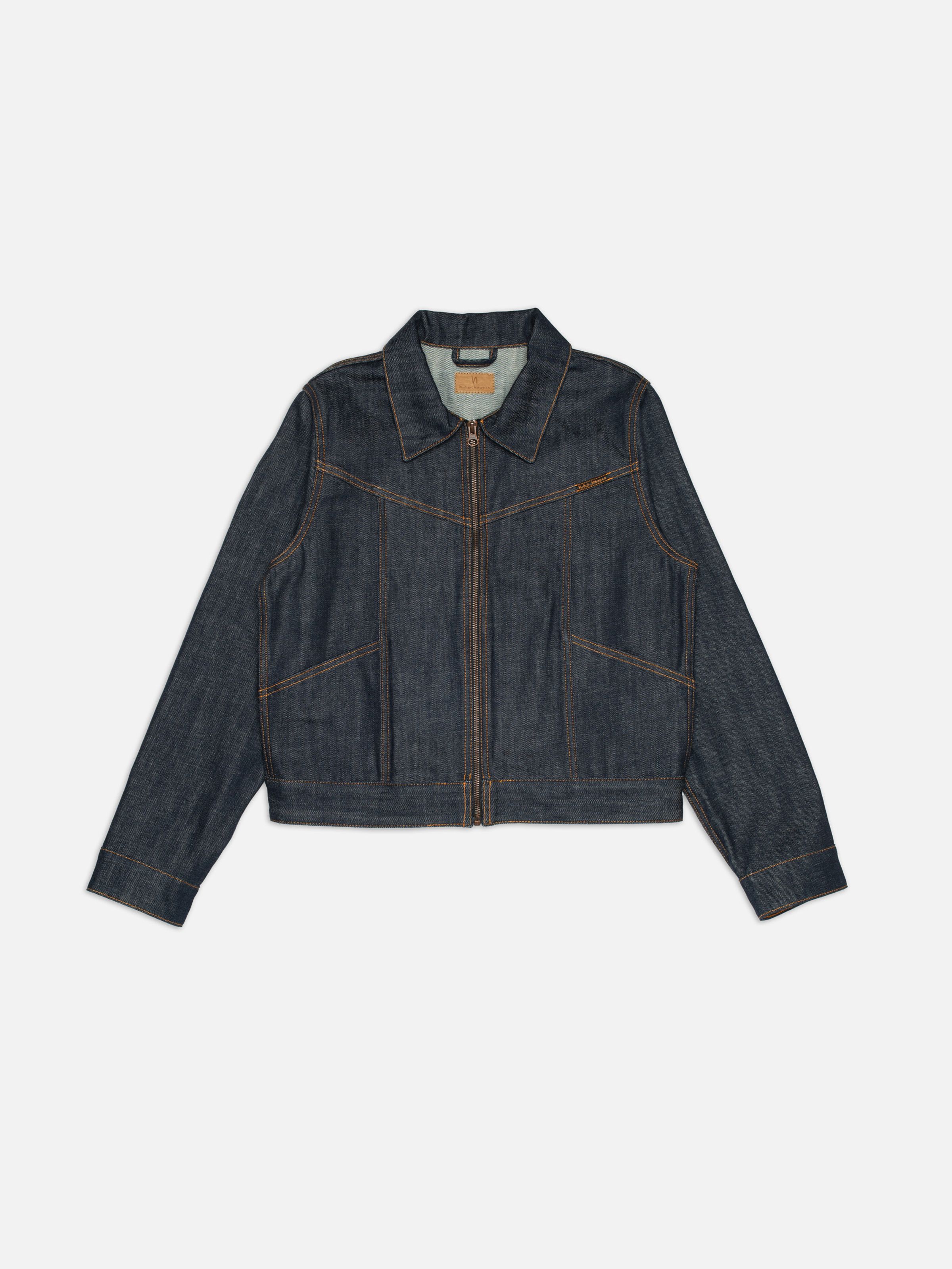 Nudie Jeans Britta Denim Jacket Dry Streaky, a women's slim fit denim jacket, laid out flat.