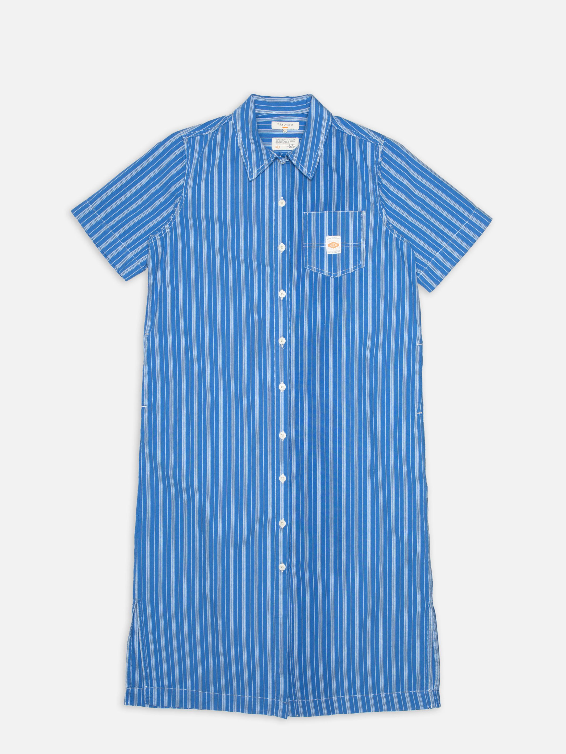 Nudie Jeans Danielle Dress Striped in Blue/Offwhite, women's shirt dress shown in a flat lay shot.