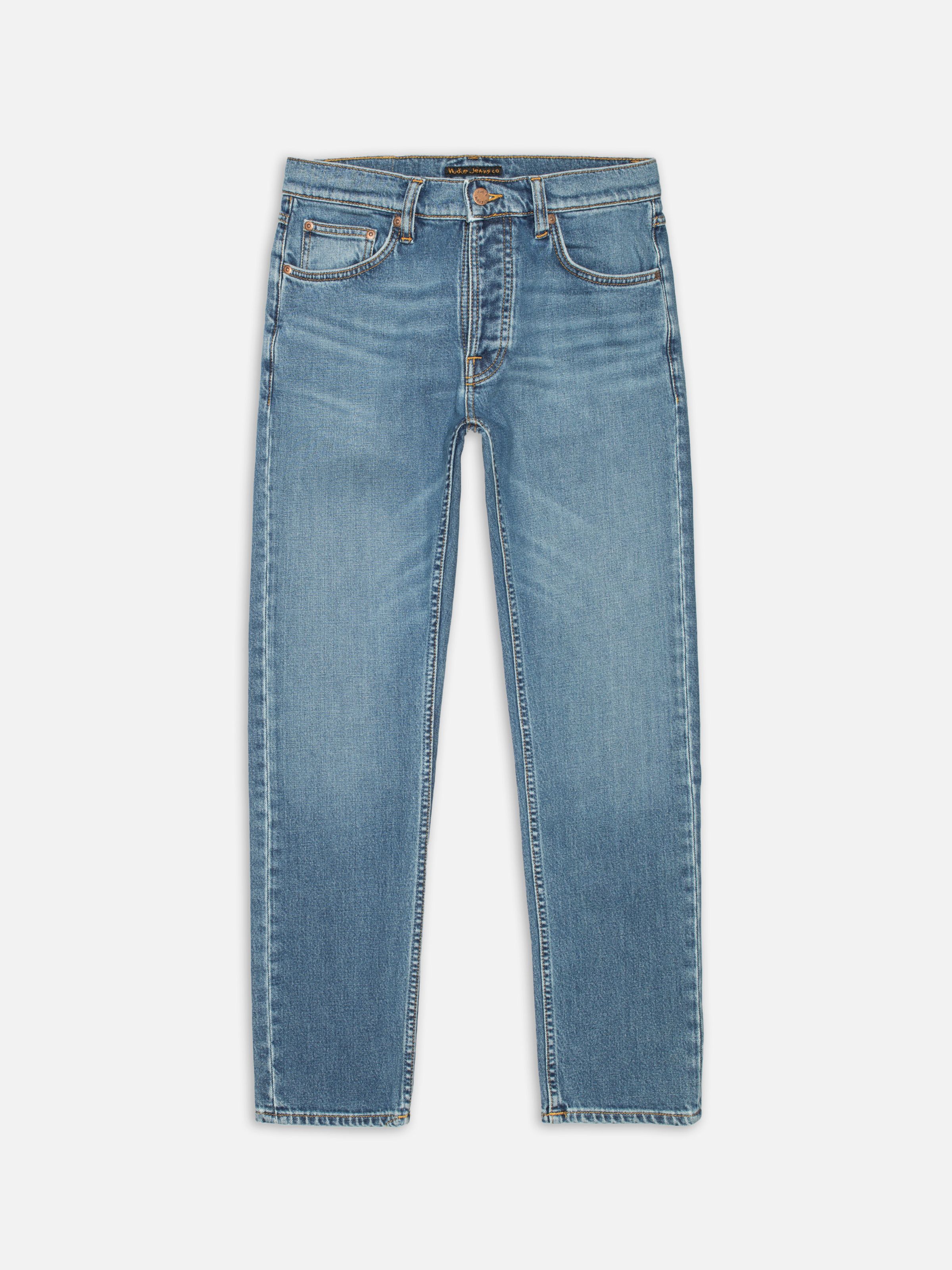 Nudie Jeans Solid Ollie Blue Blur, men's slim fit straight leg jeans laid out flat and seen from the front.