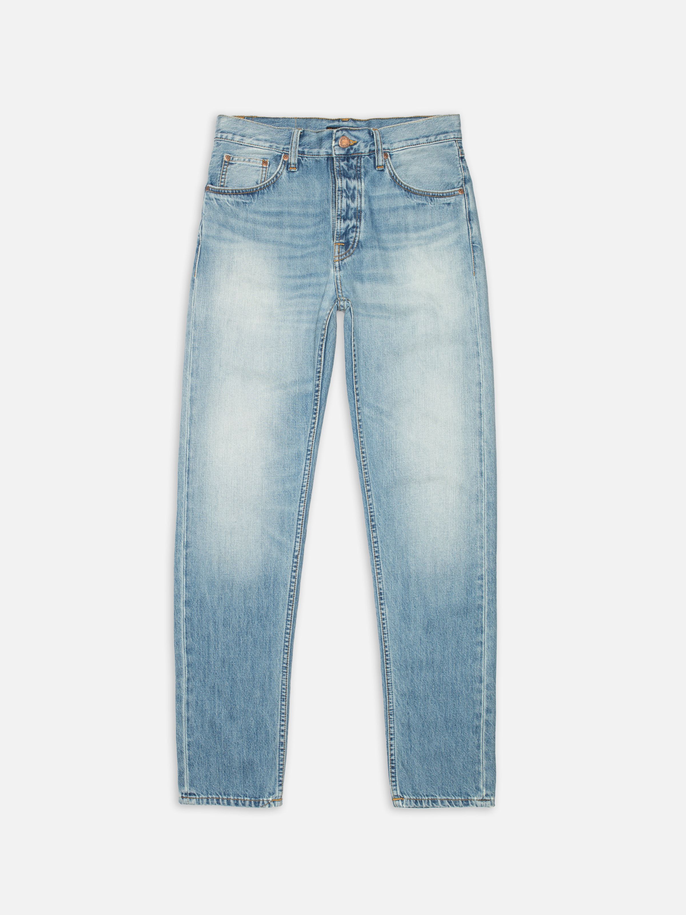 Nudie Jeans Steady Eddie II Washed Up, men's regular tapered fit jeans, shown from the front laid flat.