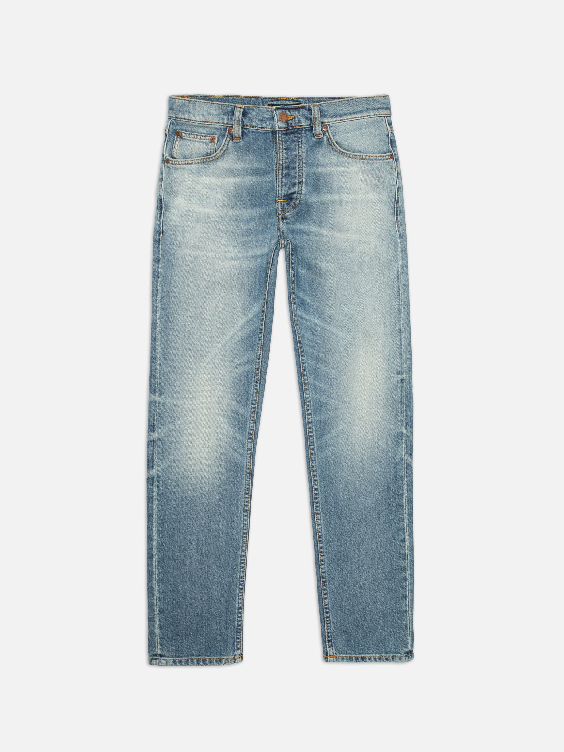 Nudie Jeans Solid Ollie Salt Water, men's slim fit straight leg jeans, laid flat showing the full front.