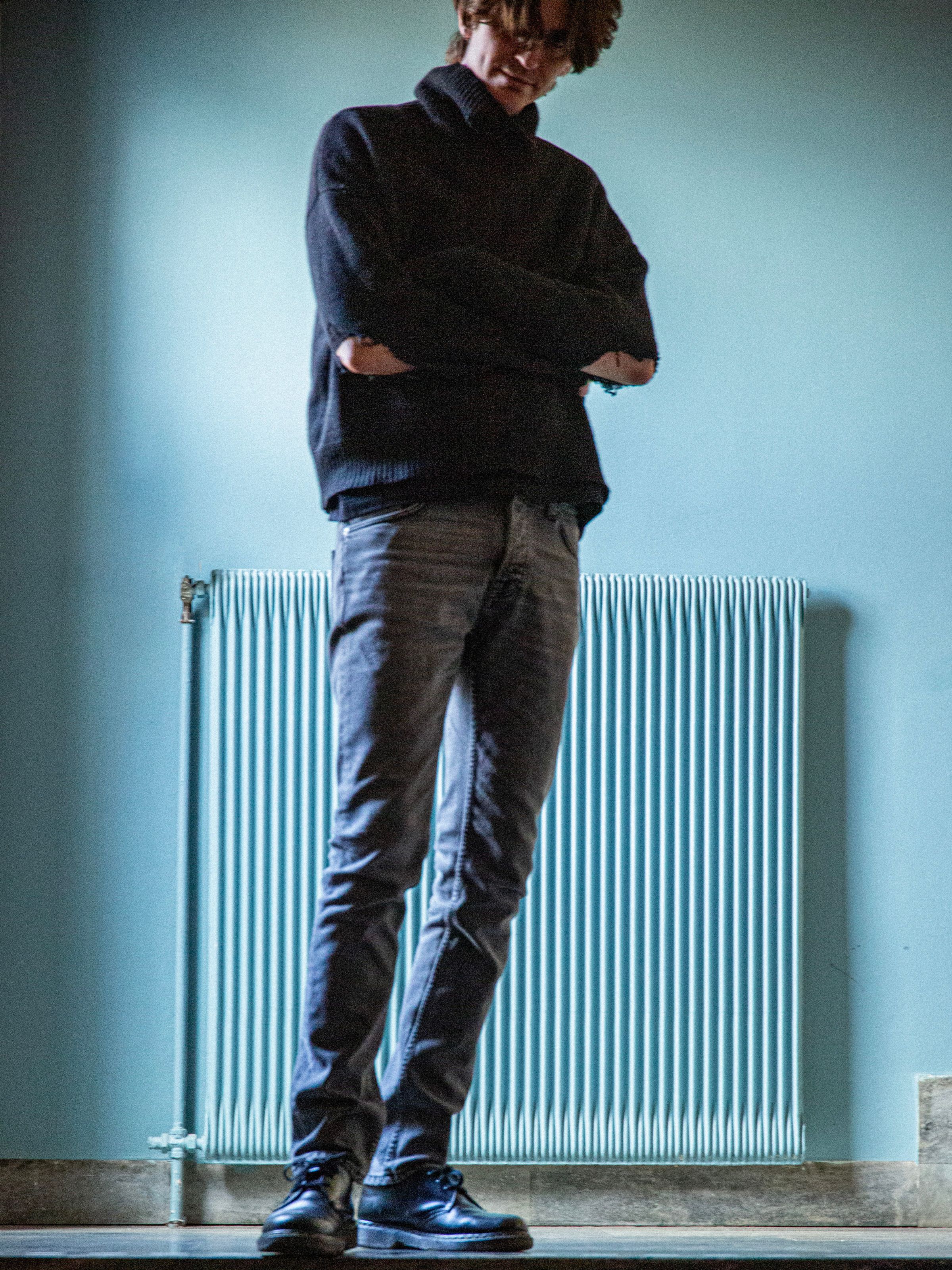 Nudie Jeans Grim Tim Cloud Grey, men's slim fit jeans, shown full-length on a model.