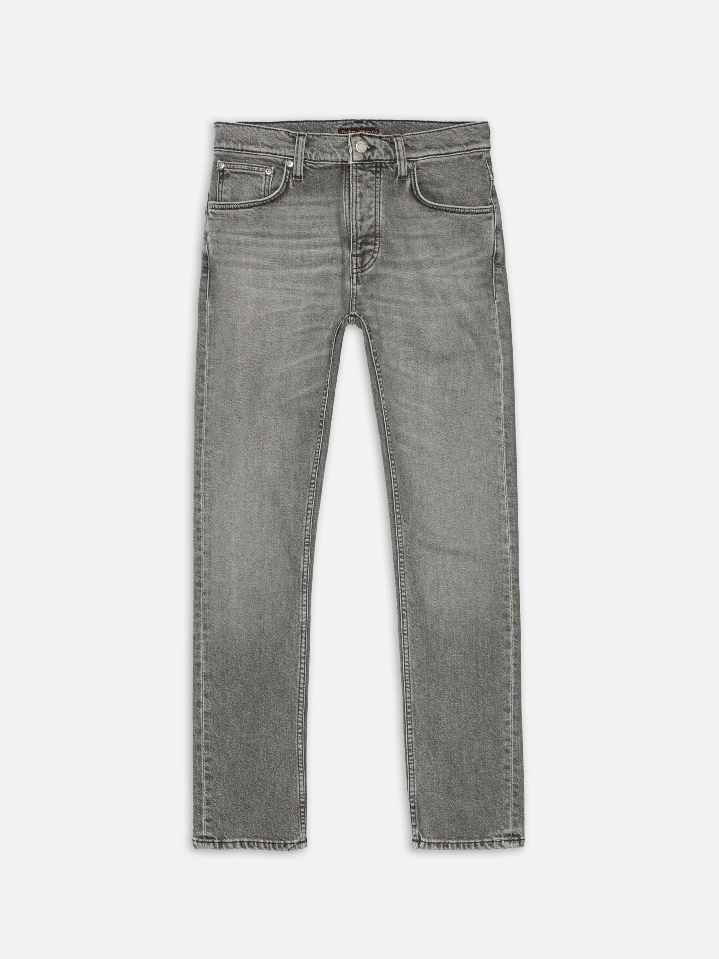 Nudie Jeans Grim Tim Cloud Grey, men's slim fit jeans, laid flat and viewed from the front.
