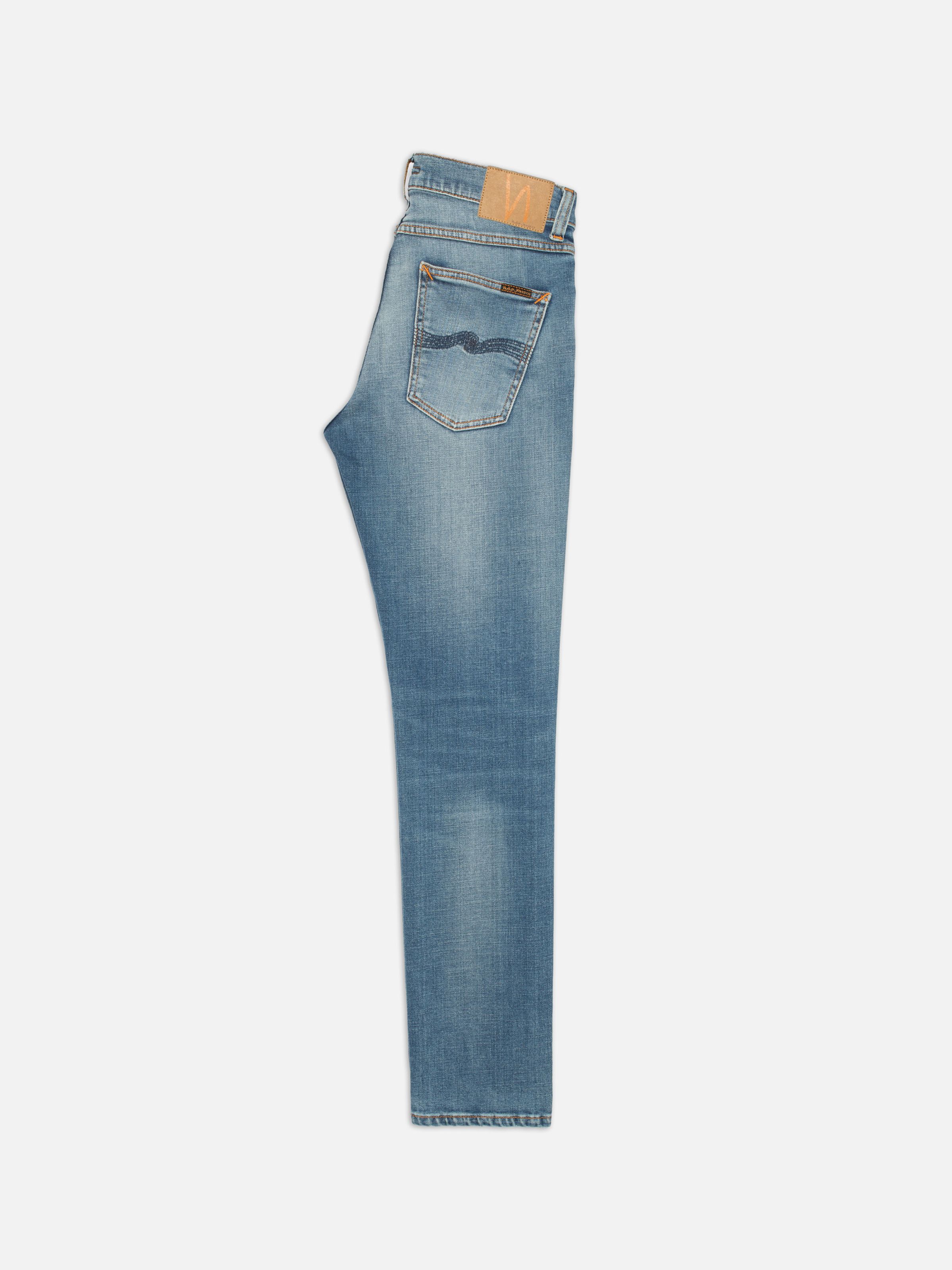 Nudie Jeans Lean Dean Blue Legend, men's slim tapered jeans, laid flat showing the back pocket and side profile.