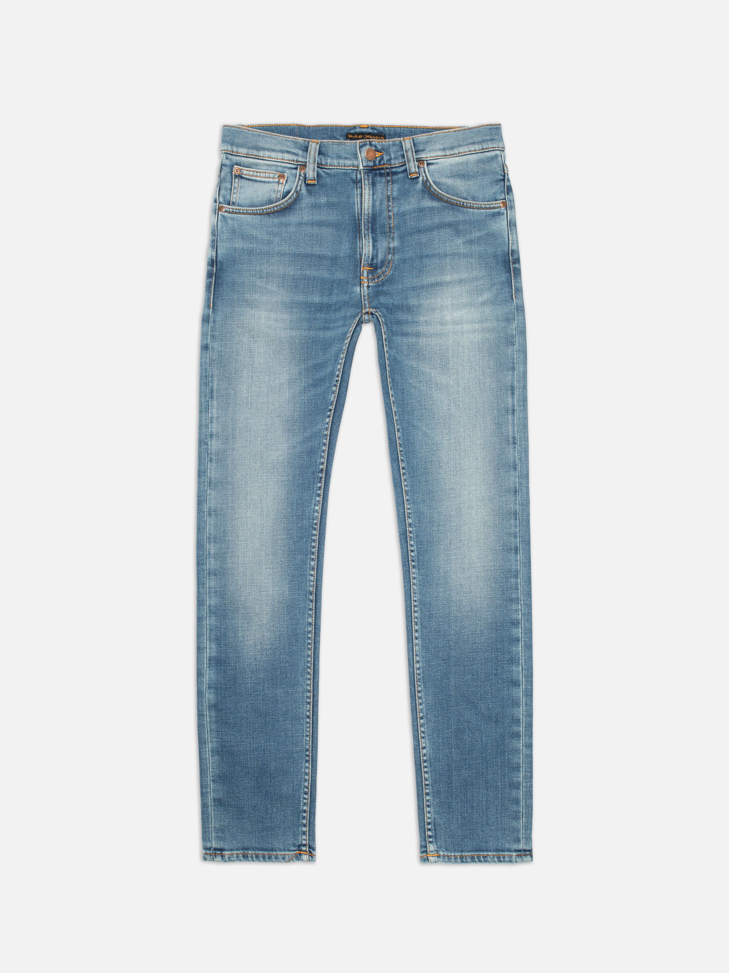 Nudie Jeans Lean Dean Blue Legend, men's slim tapered jeans, shown laid flat from the front.
