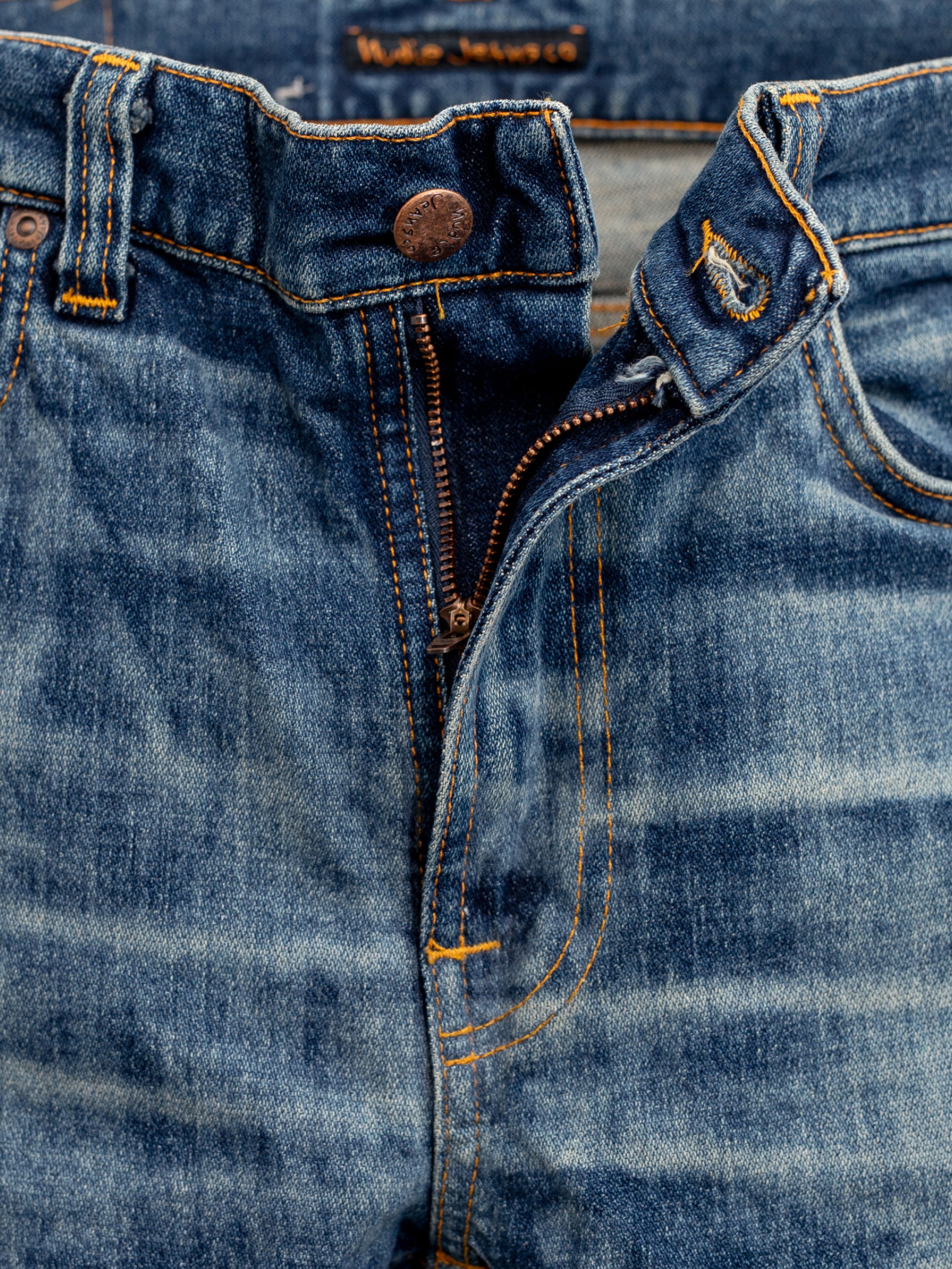 Nudie Jeans Lean Dean Salty Tracks, men's slim tapered jeans, showing a close-up of the zipper fly.